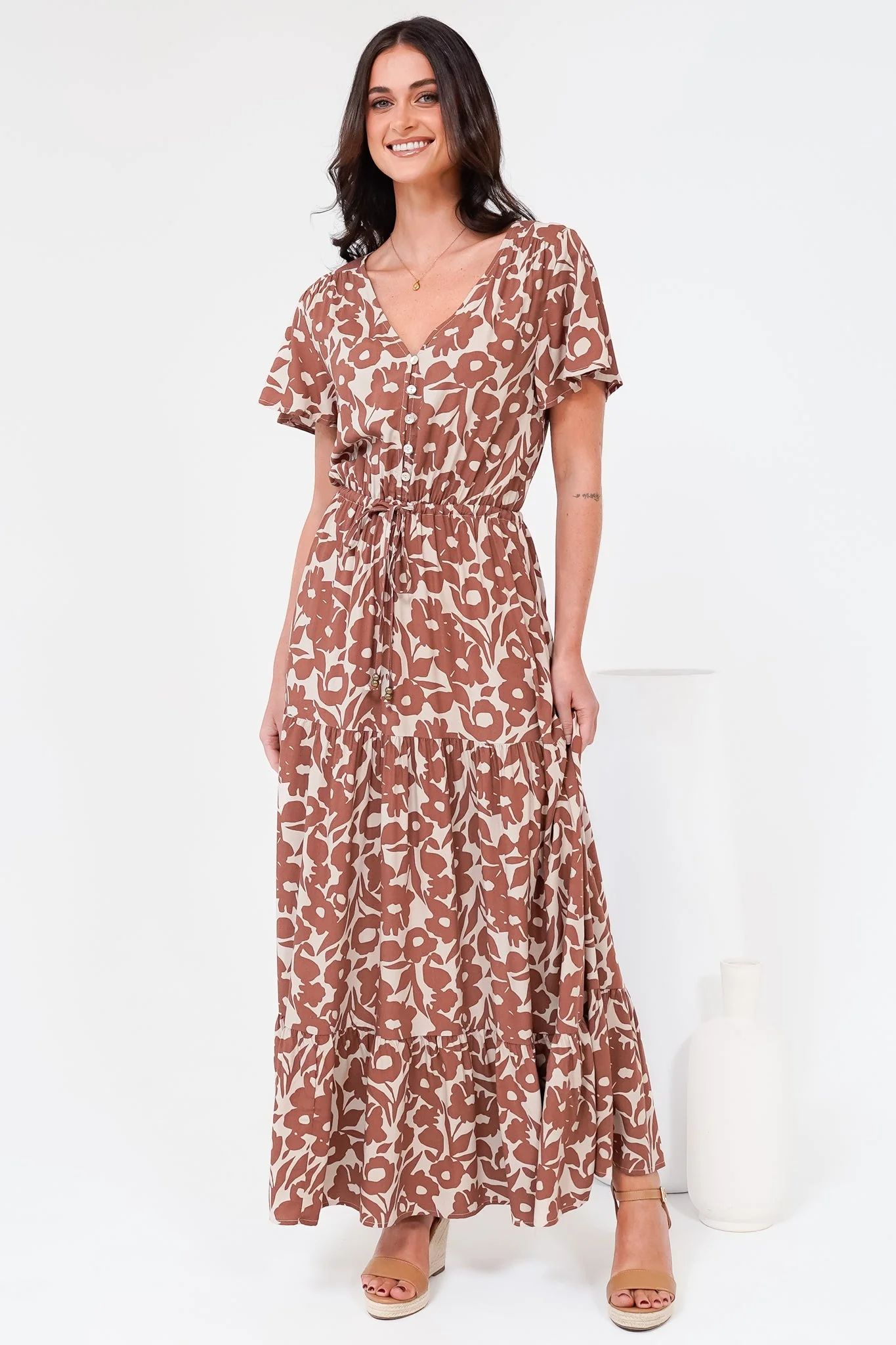 Hanna Maxi Dress - Cap Sleeve Tiered A Line Dress with Toggle Detailed Waist Tie in Emma-Jade Print Brown