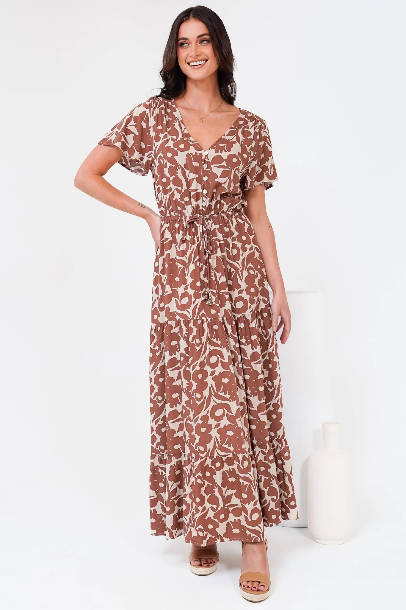 Hanna Maxi Dress - Cap Sleeve Tiered A Line Dress with Toggle Detailed Waist Tie in Emma-Jade Print Brown - Image 3