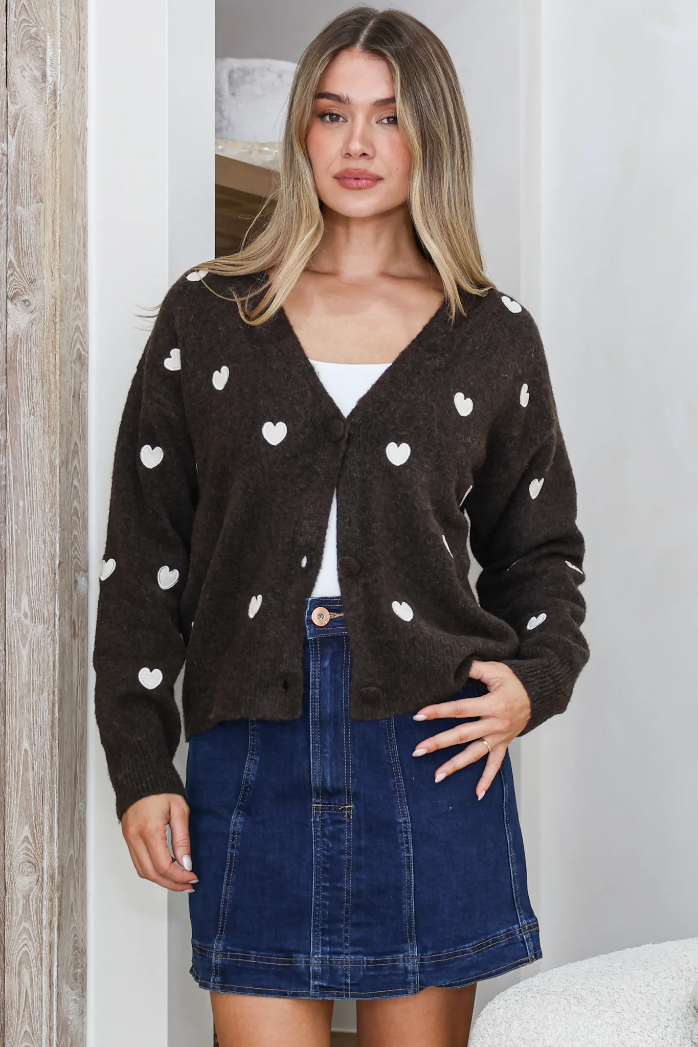 Hartley Cardigan - V Neck Button Front Heart Embroidered Knit with Matching Fabric Buttons in Coffee
