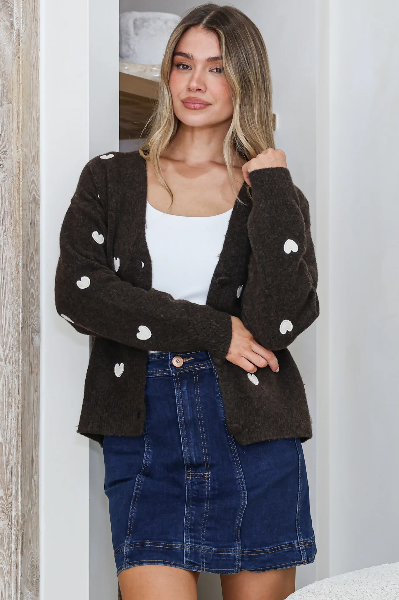Hartley Cardigan - V Neck Button Front Heart Embroidered Knit with Matching Fabric Buttons in Coffee - Image 2