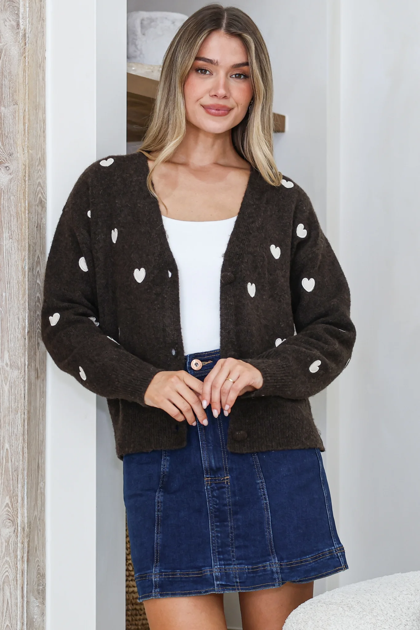 Hartley Cardigan - V Neck Button Front Heart Embroidered Knit with Matching Fabric Buttons in Coffee - Image 6