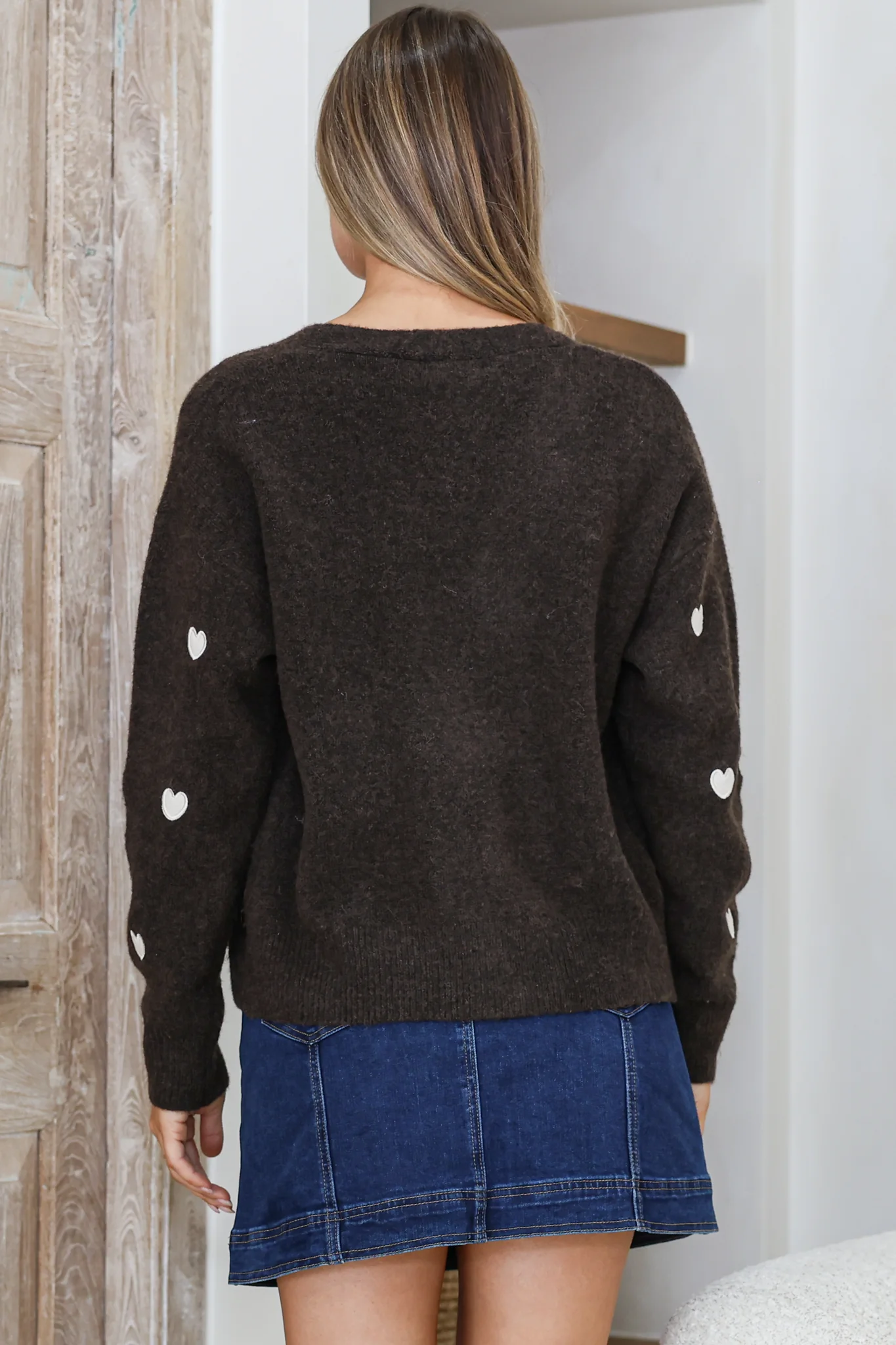 Hartley Cardigan - V Neck Button Front Heart Embroidered Knit with Matching Fabric Buttons in Coffee - Image 8