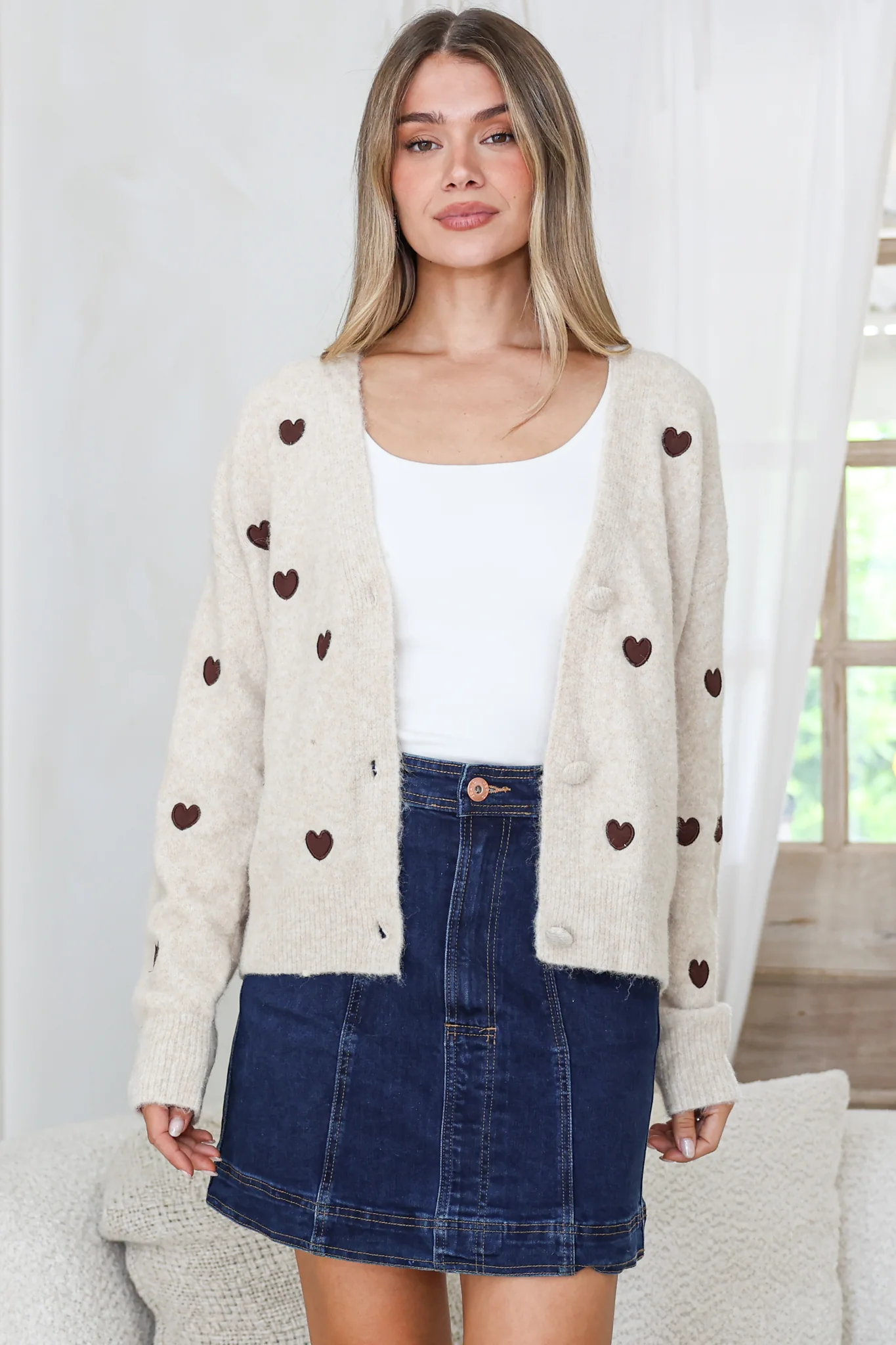 Hartley Cardigan - V Neck Button Front Heart Embroidered Knit with Matching Fabric Buttons in Cream - Image 2
