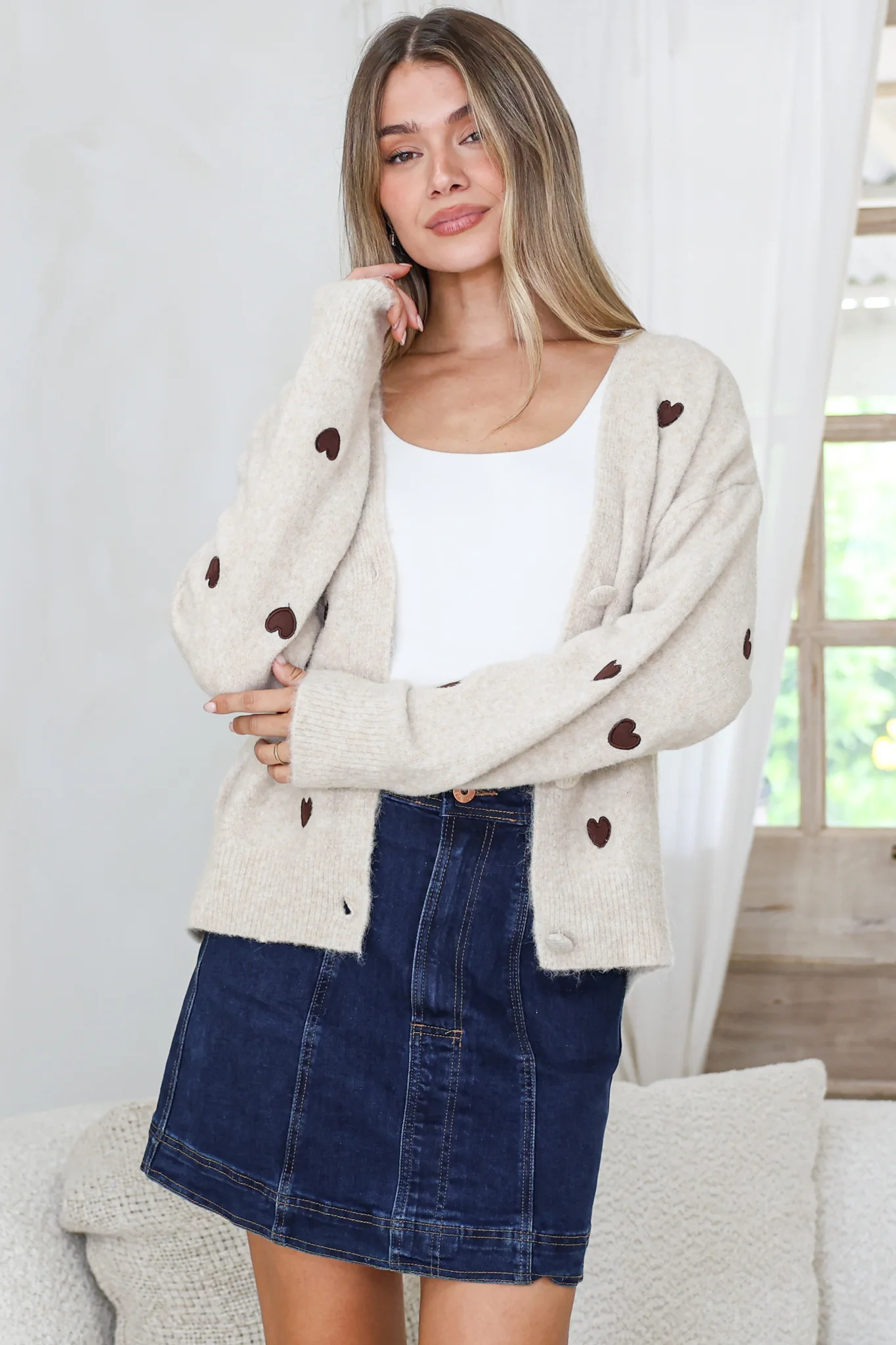 Hartley Cardigan - V Neck Button Front Heart Embroidered Knit with Matching Fabric Buttons in Cream - Image 3