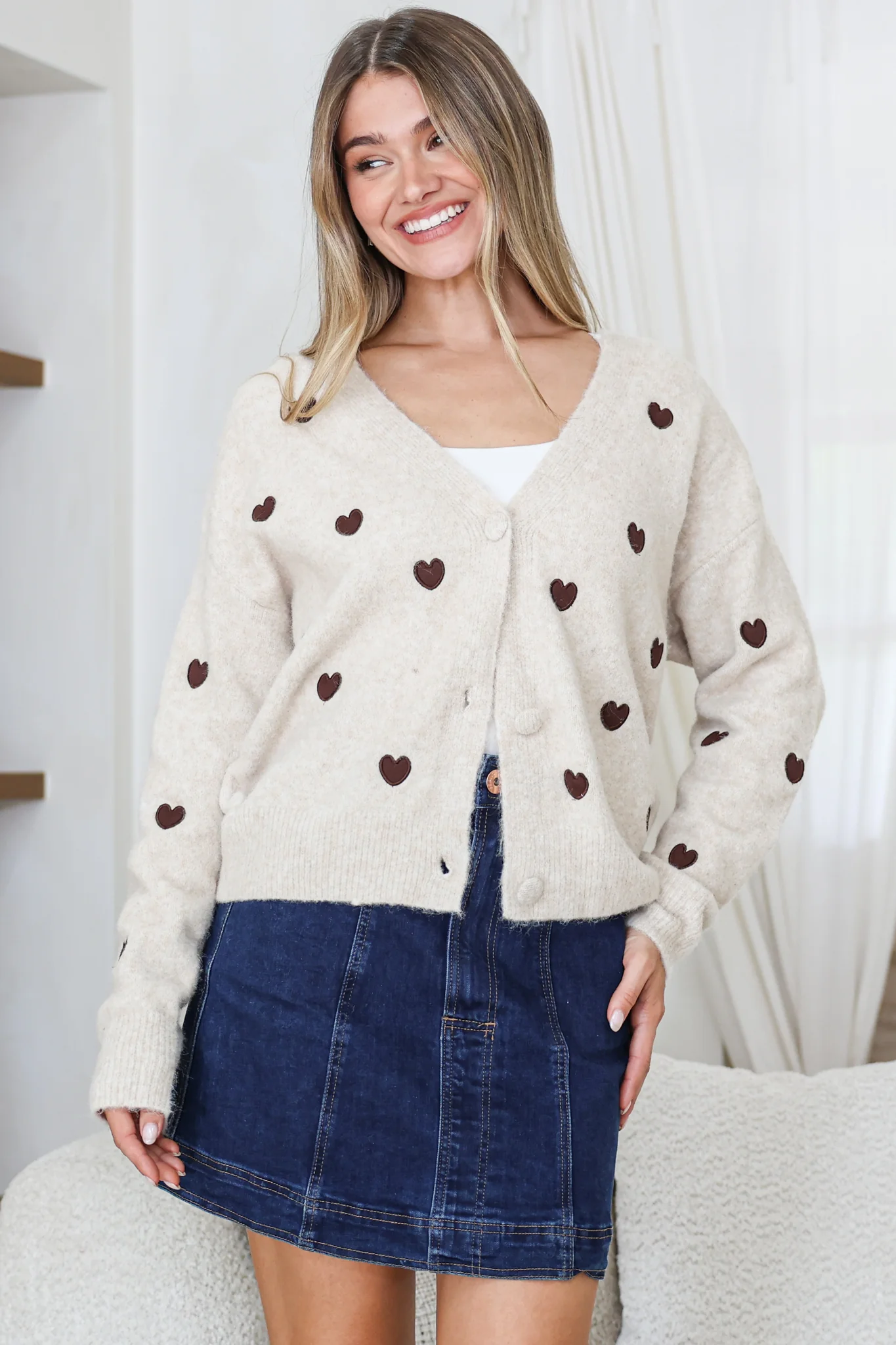 Hartley Cardigan - V Neck Button Front Heart Embroidered Knit with Matching Fabric Buttons in Cream - Image 4