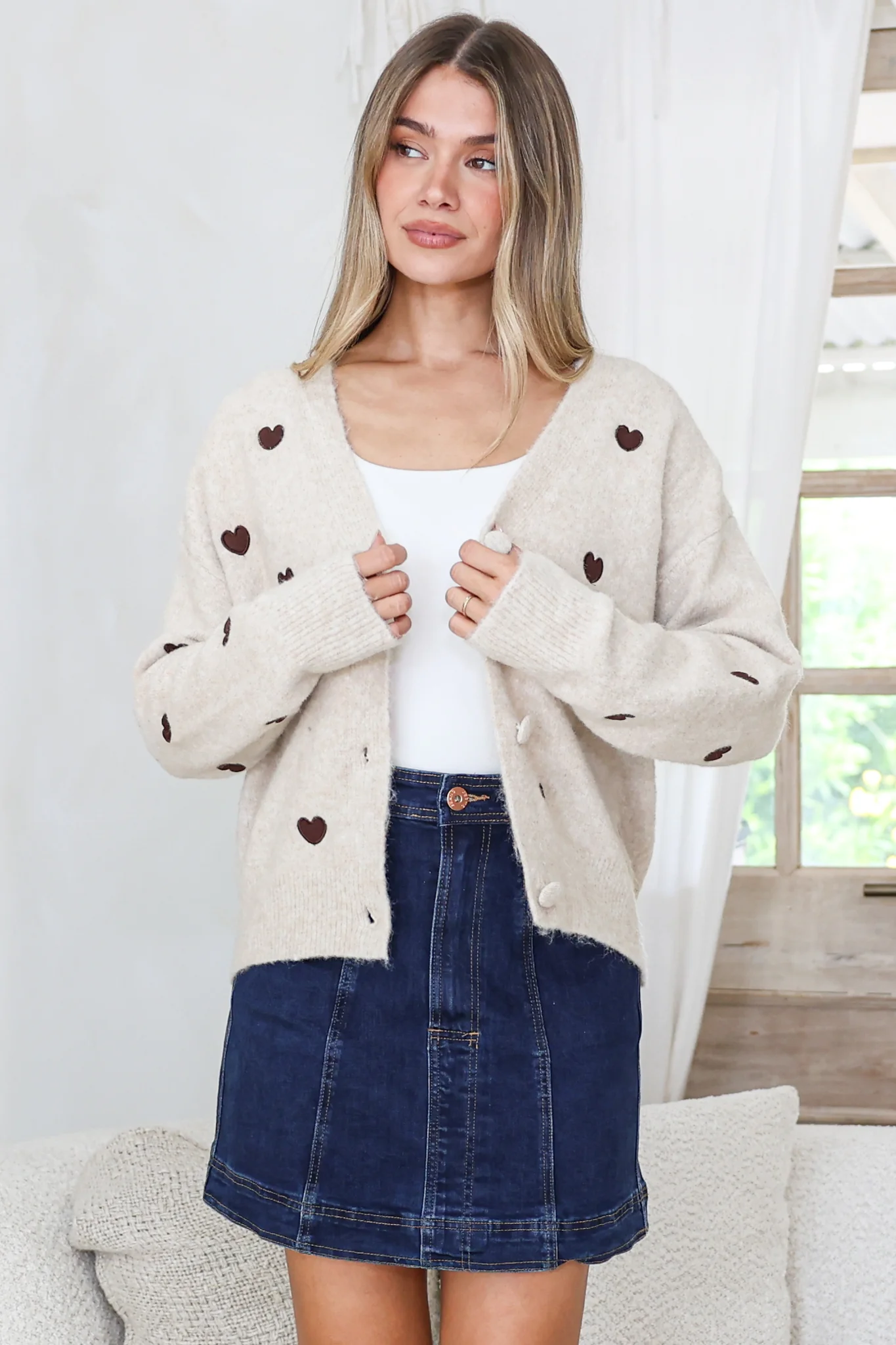 Hartley Cardigan - V Neck Button Front Heart Embroidered Knit with Matching Fabric Buttons in Cream - Image 5