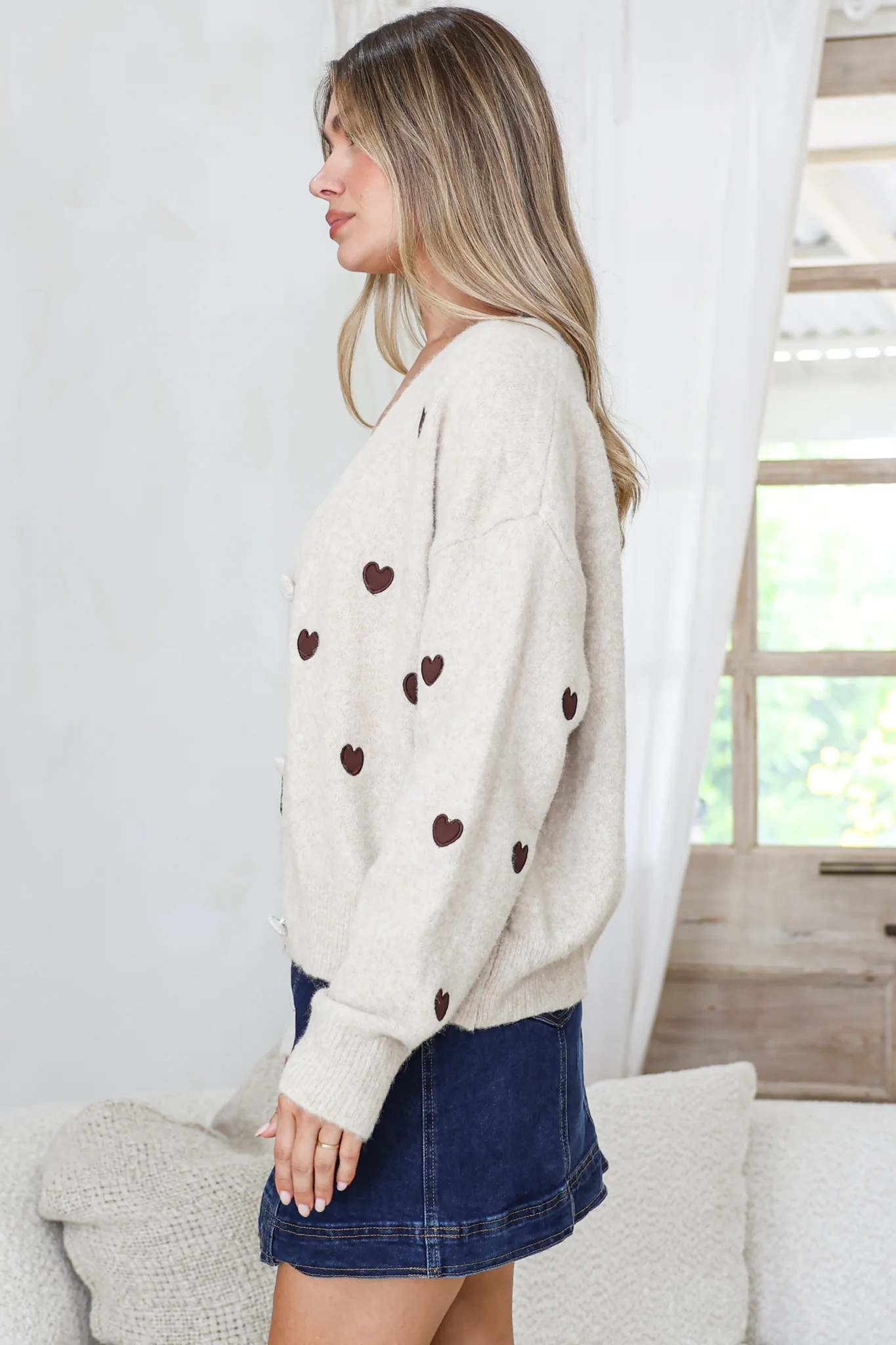 Hartley Cardigan - V Neck Button Front Heart Embroidered Knit with Matching Fabric Buttons in Cream - Image 6