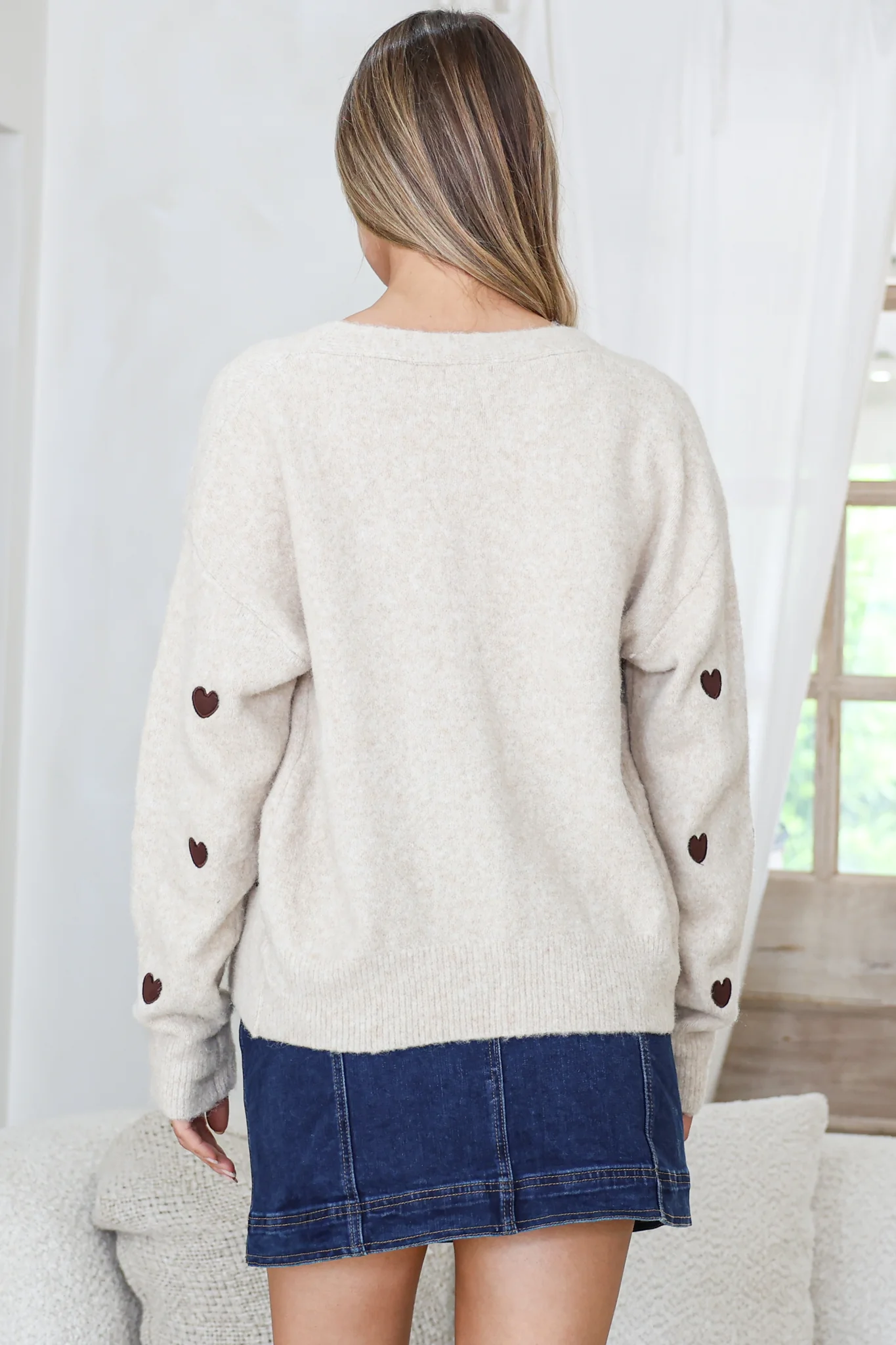 Hartley Cardigan - V Neck Button Front Heart Embroidered Knit with Matching Fabric Buttons in Cream - Image 7
