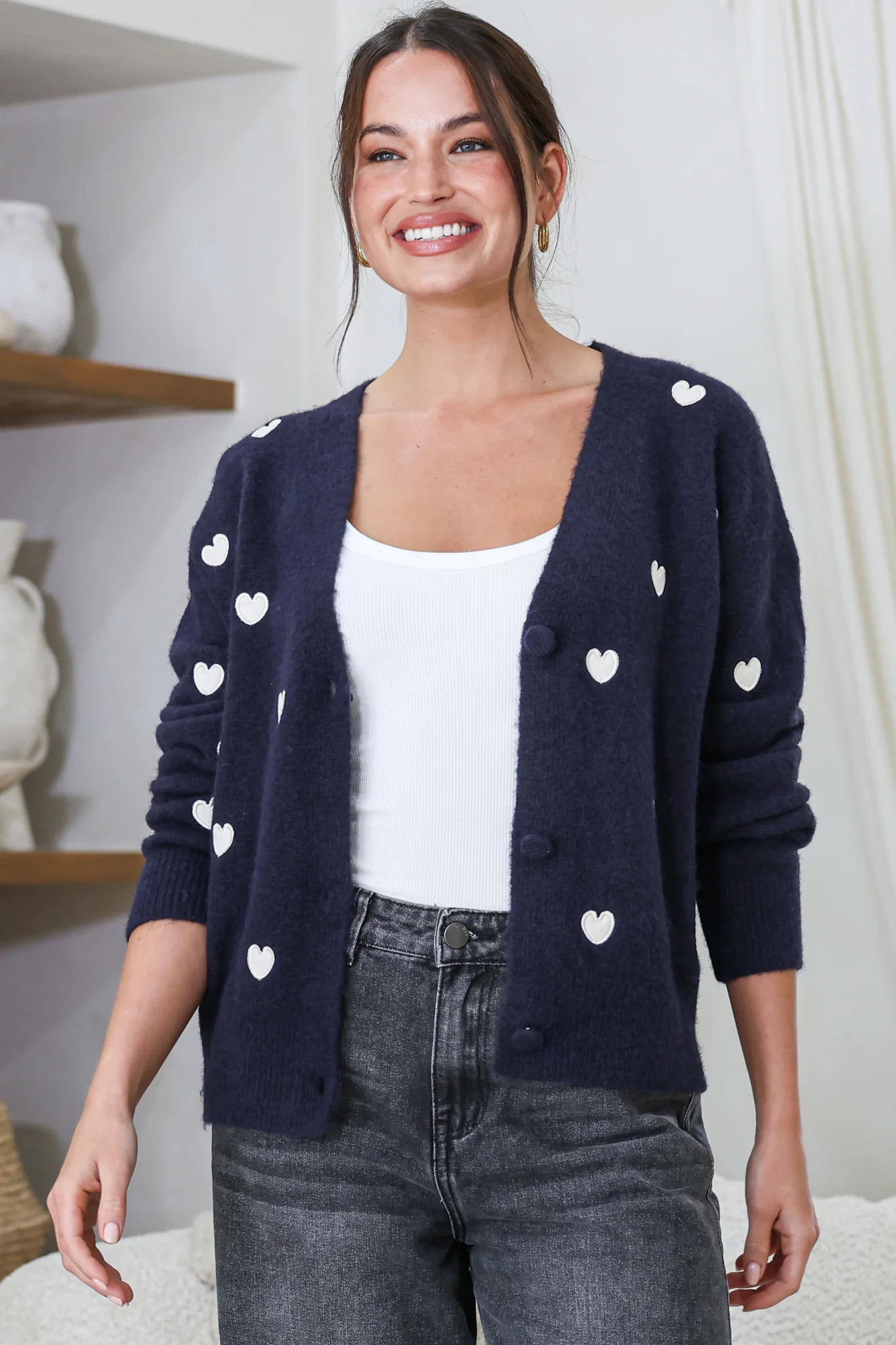 Hartley Cardigan - V Neck Button Front Heart Embroidered Knit with Matching Fabric Buttons in Navy - Image 2