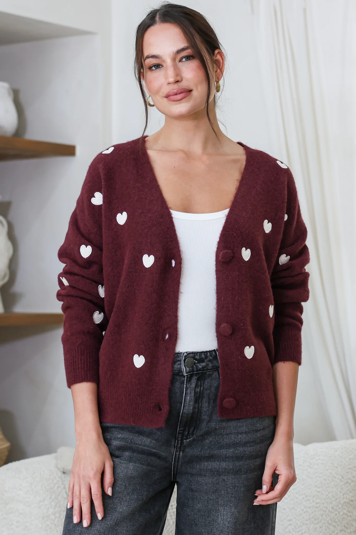 Hartley Cardigan - V Neck Button Front Heart Embroidered Knit with Matching Fabric Buttons in Wine - Image 4