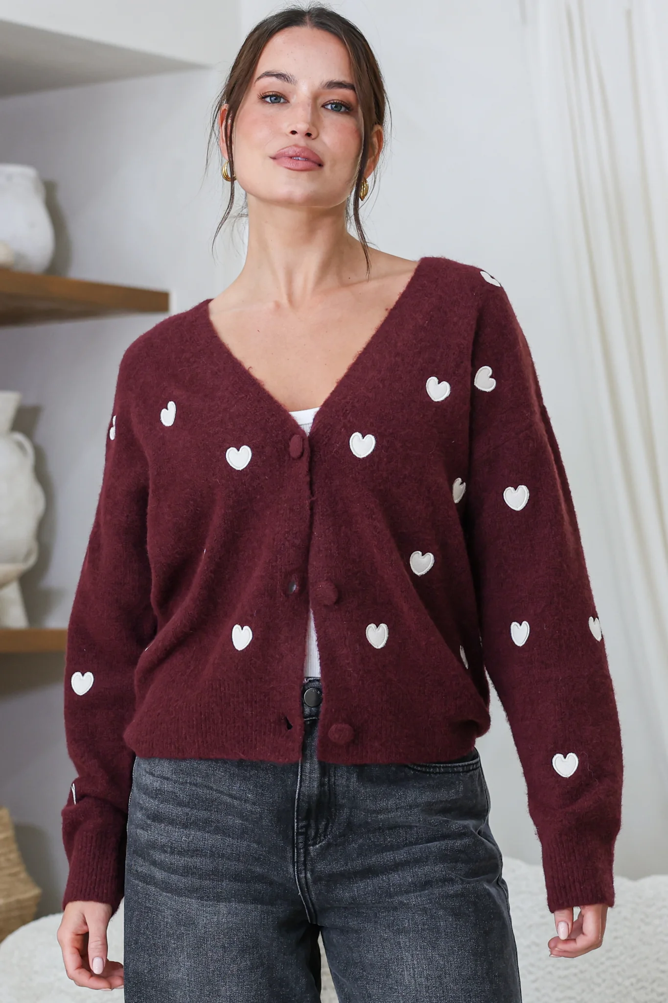 Hartley Cardigan - V Neck Button Front Heart Embroidered Knit with Matching Fabric Buttons in Wine - Image 5