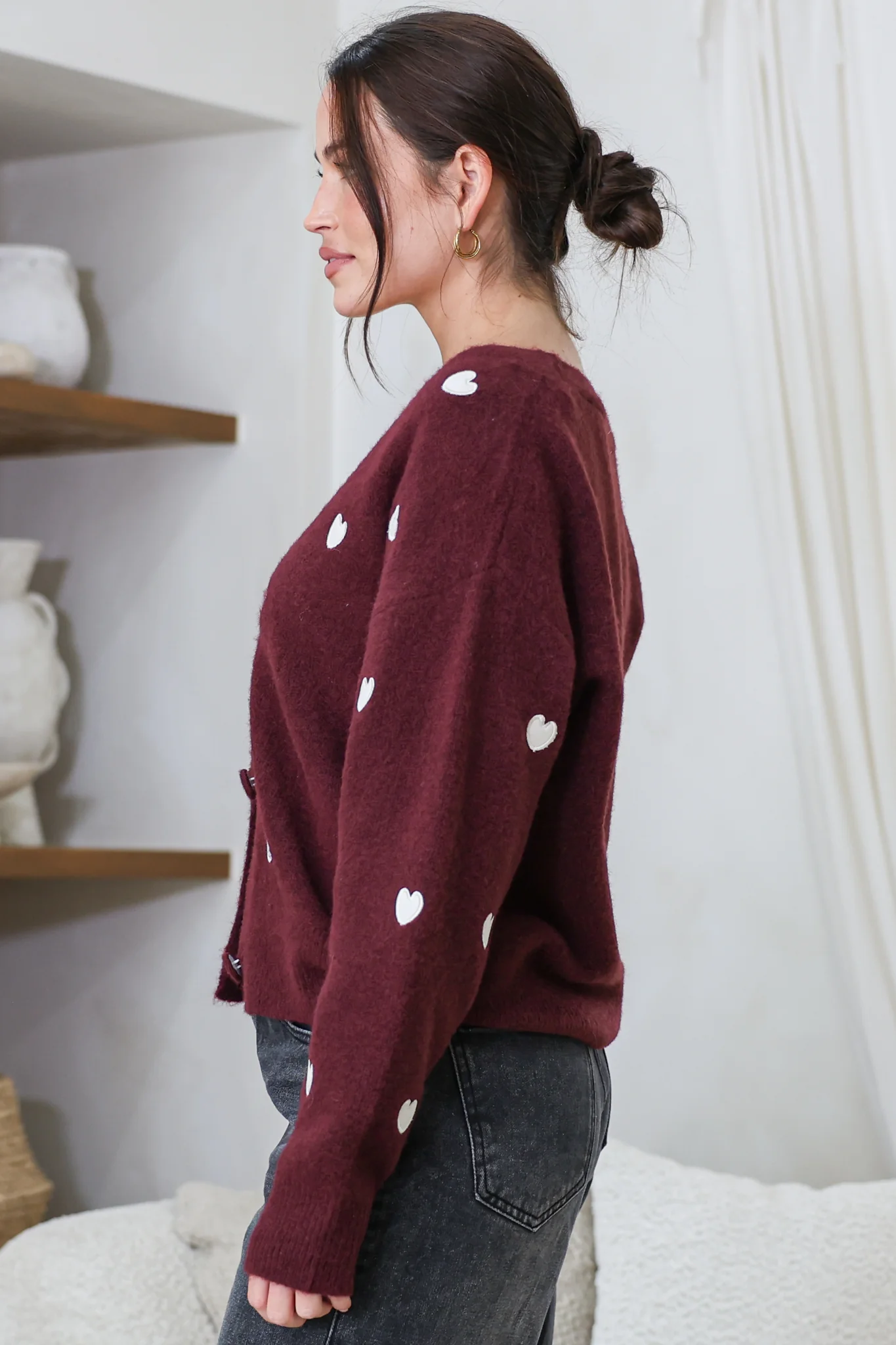 Hartley Cardigan - V Neck Button Front Heart Embroidered Knit with Matching Fabric Buttons in Wine - Image 6