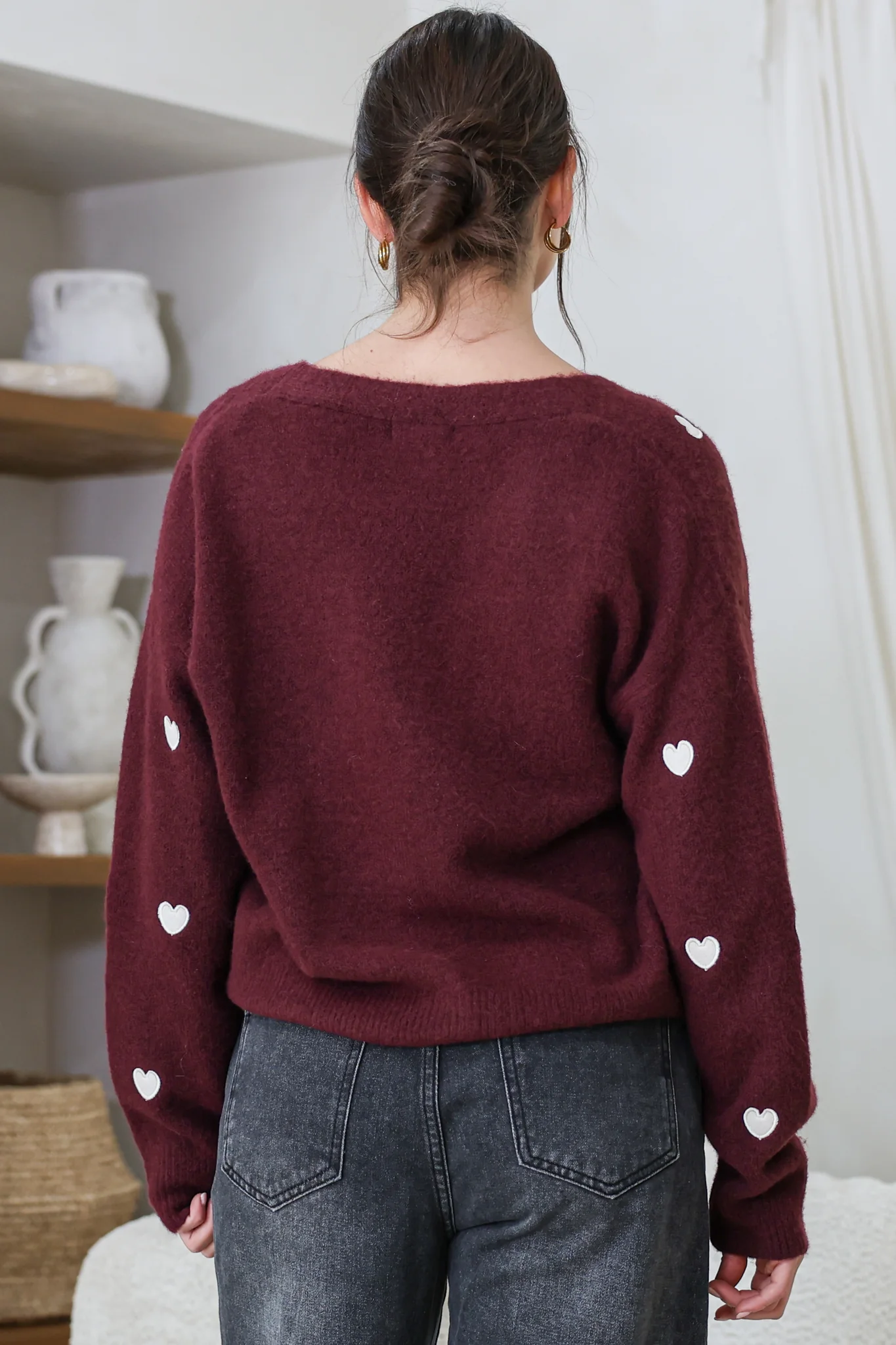 Hartley Cardigan - V Neck Button Front Heart Embroidered Knit with Matching Fabric Buttons in Wine - Image 7