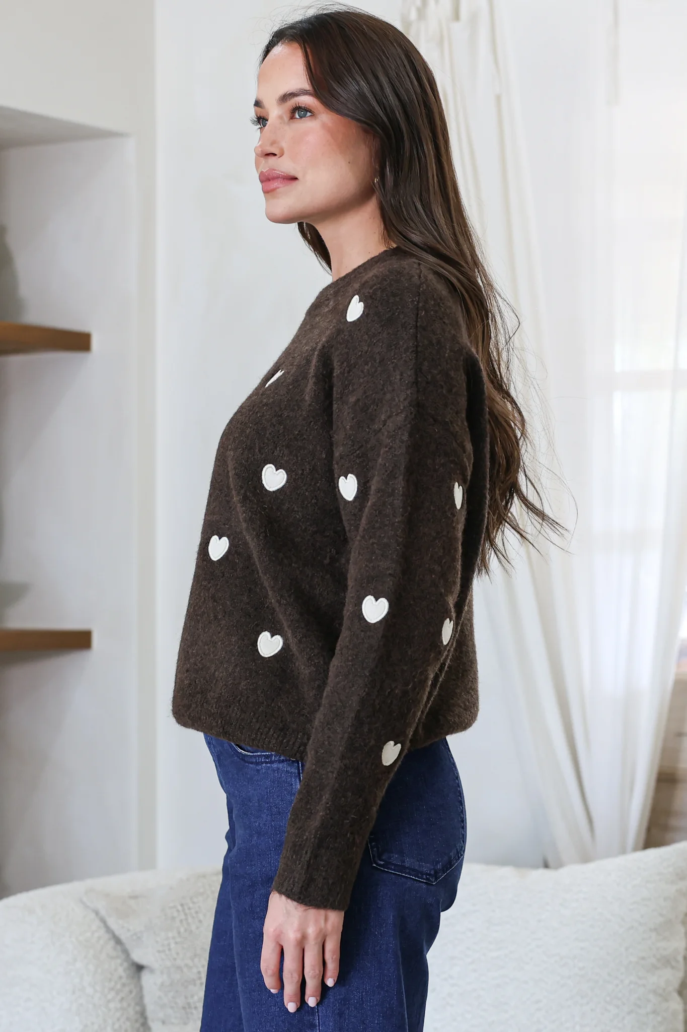 Hartley Jumper - Crew Neck Embroidered Heart Motif Knit in Coffee - Image 5