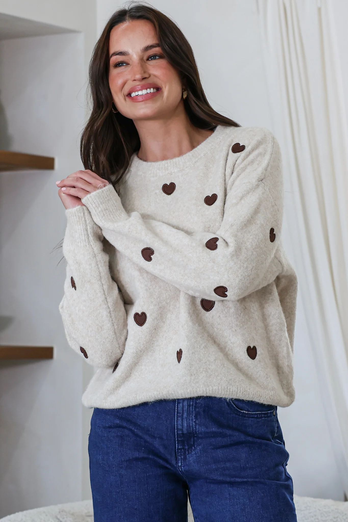 Hartley Jumper - Crew Neck Embroidered Heart Motif Knit in Cream - Image 2