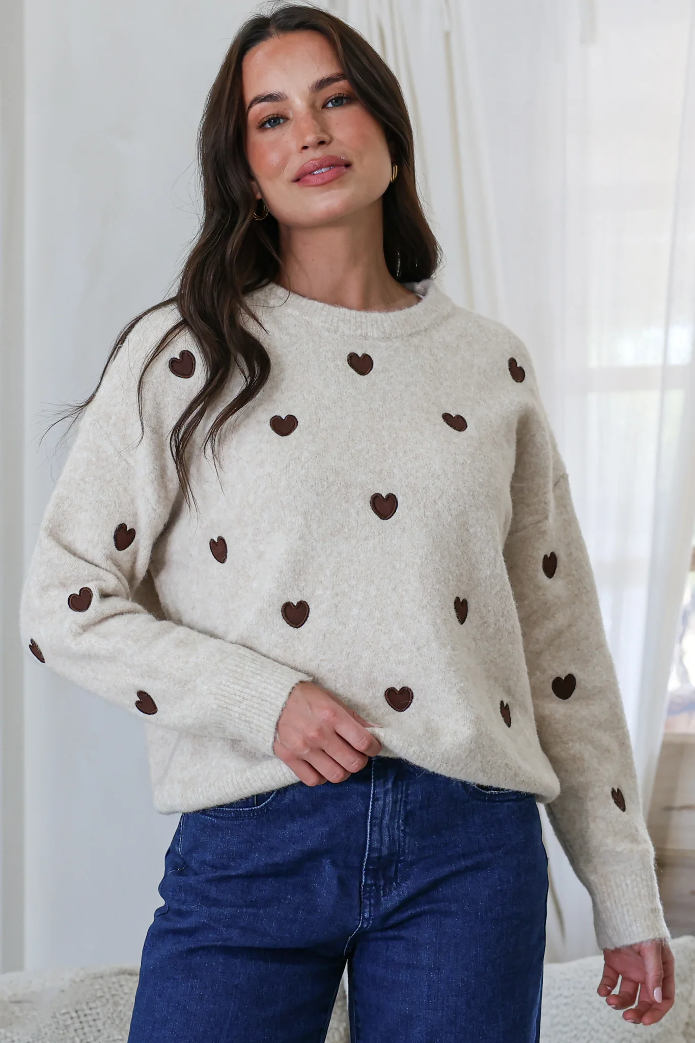 Hartley Jumper - Crew Neck Embroidered Heart Motif Knit in Cream - Image 3