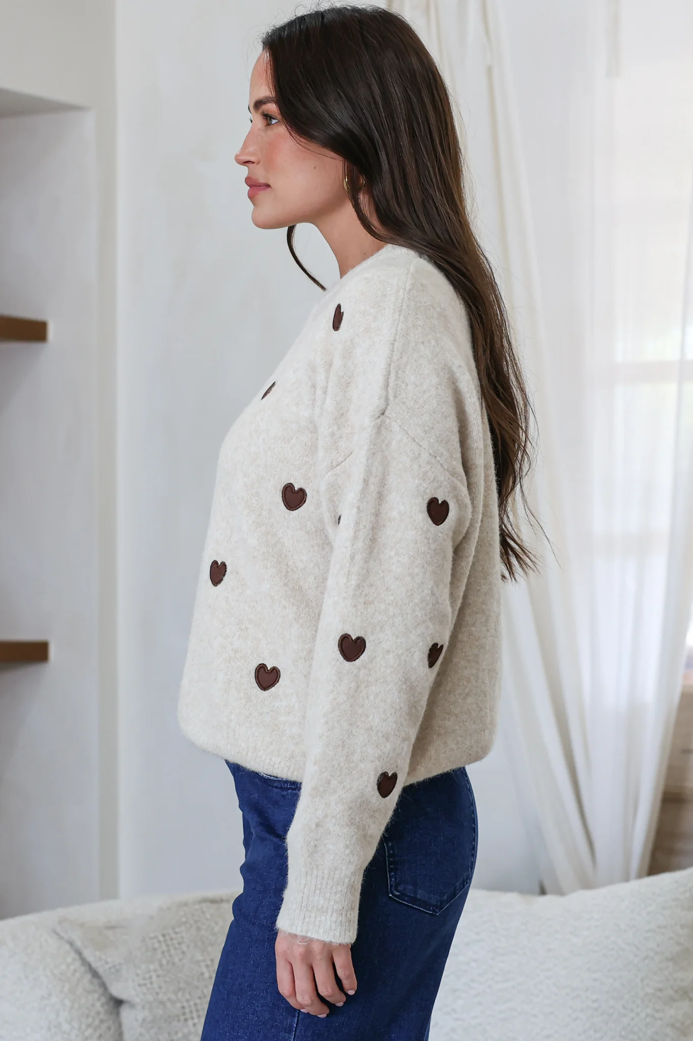 Hartley Jumper - Crew Neck Embroidered Heart Motif Knit in Cream - Image 4