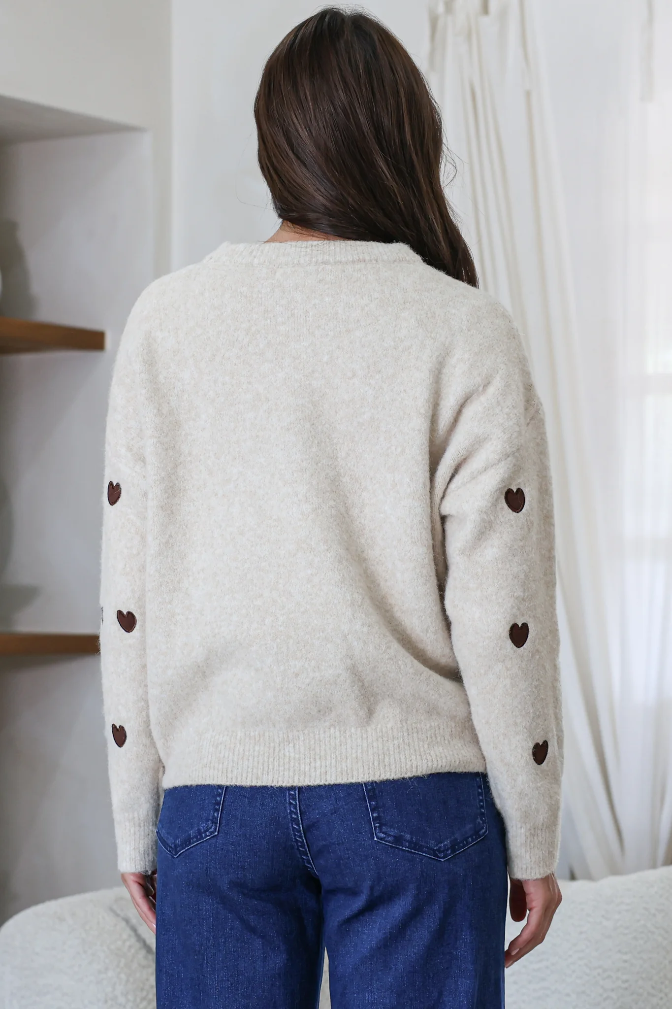 Hartley Jumper - Crew Neck Embroidered Heart Motif Knit in Cream - Image 5