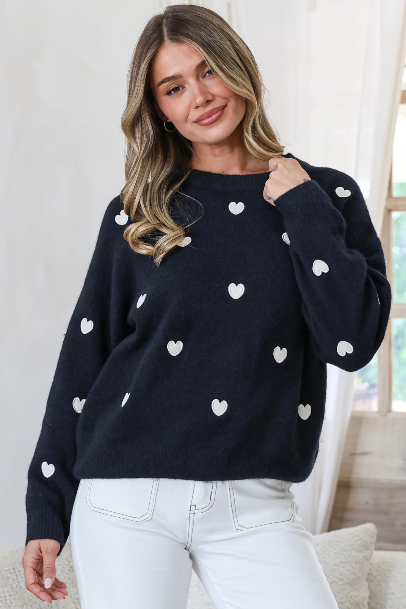 Hartley Jumper - Crew Neck Embroidered Heart Motif Knit in Navy - Image 2
