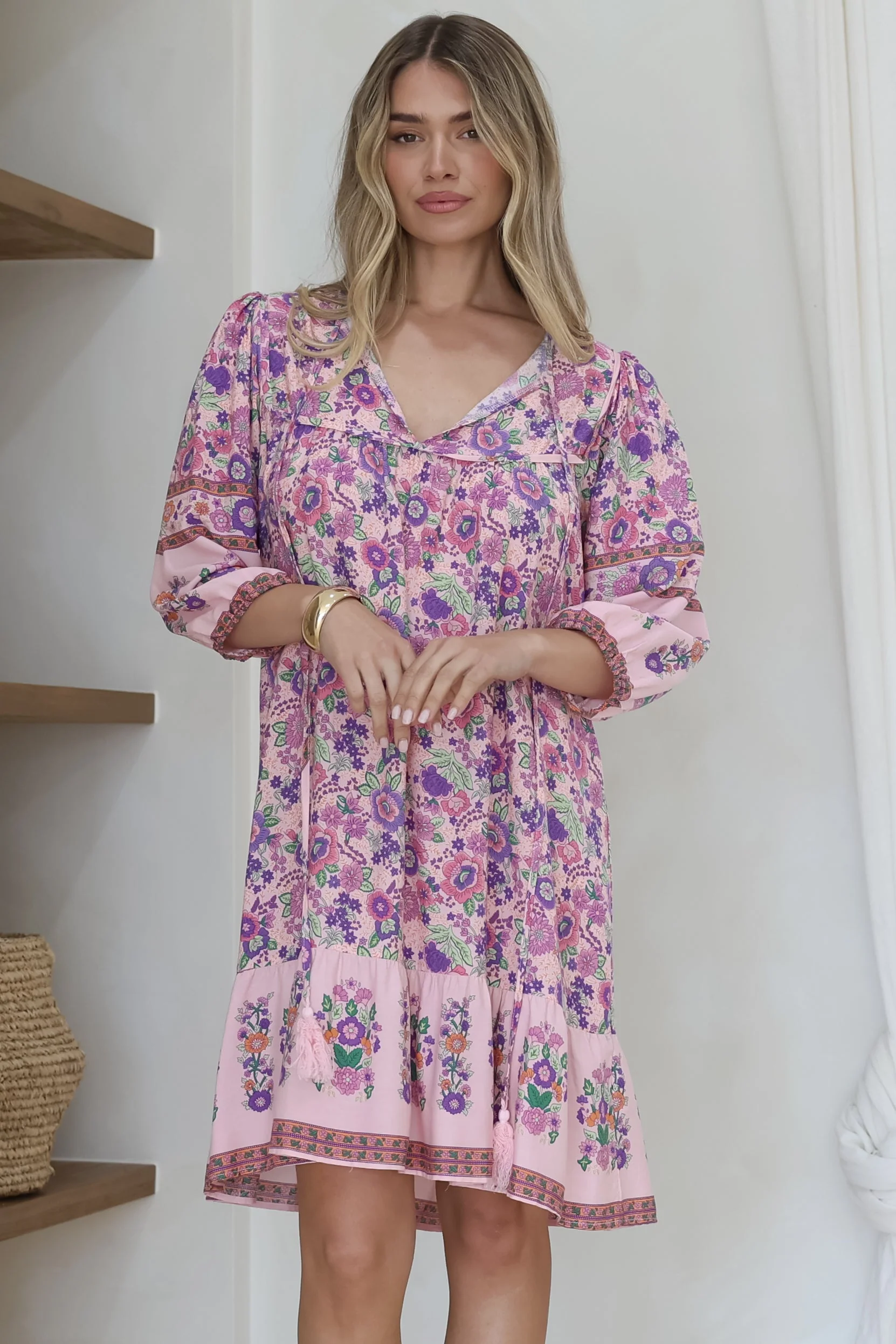Helda Mini Dress - V-Neck Shift Dress with Balloon Sleeves in Aletta Print Pink - Image 8