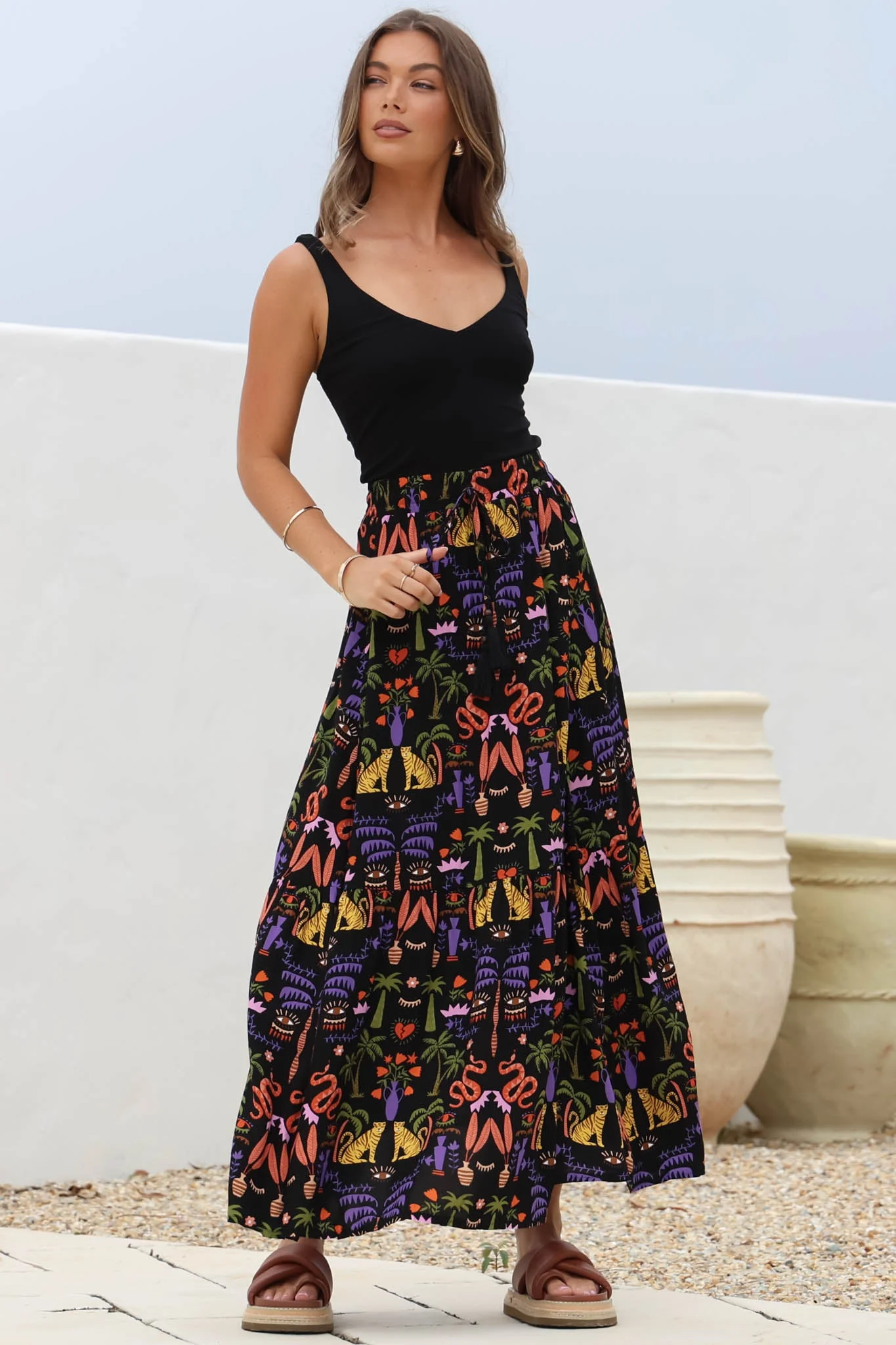 Hellen Maxi Skirt - High Waisted Skirt with Front Splits in Ayla Print Black - Image 3
