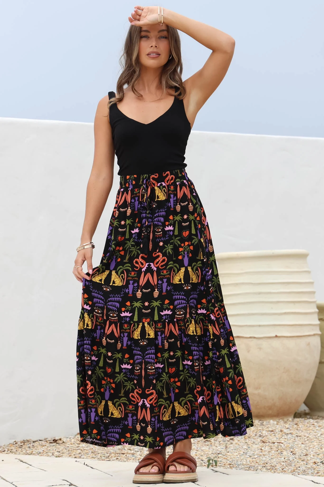 Hellen Maxi Skirt - High Waisted Skirt with Front Splits in Ayla Print Black - Image 5