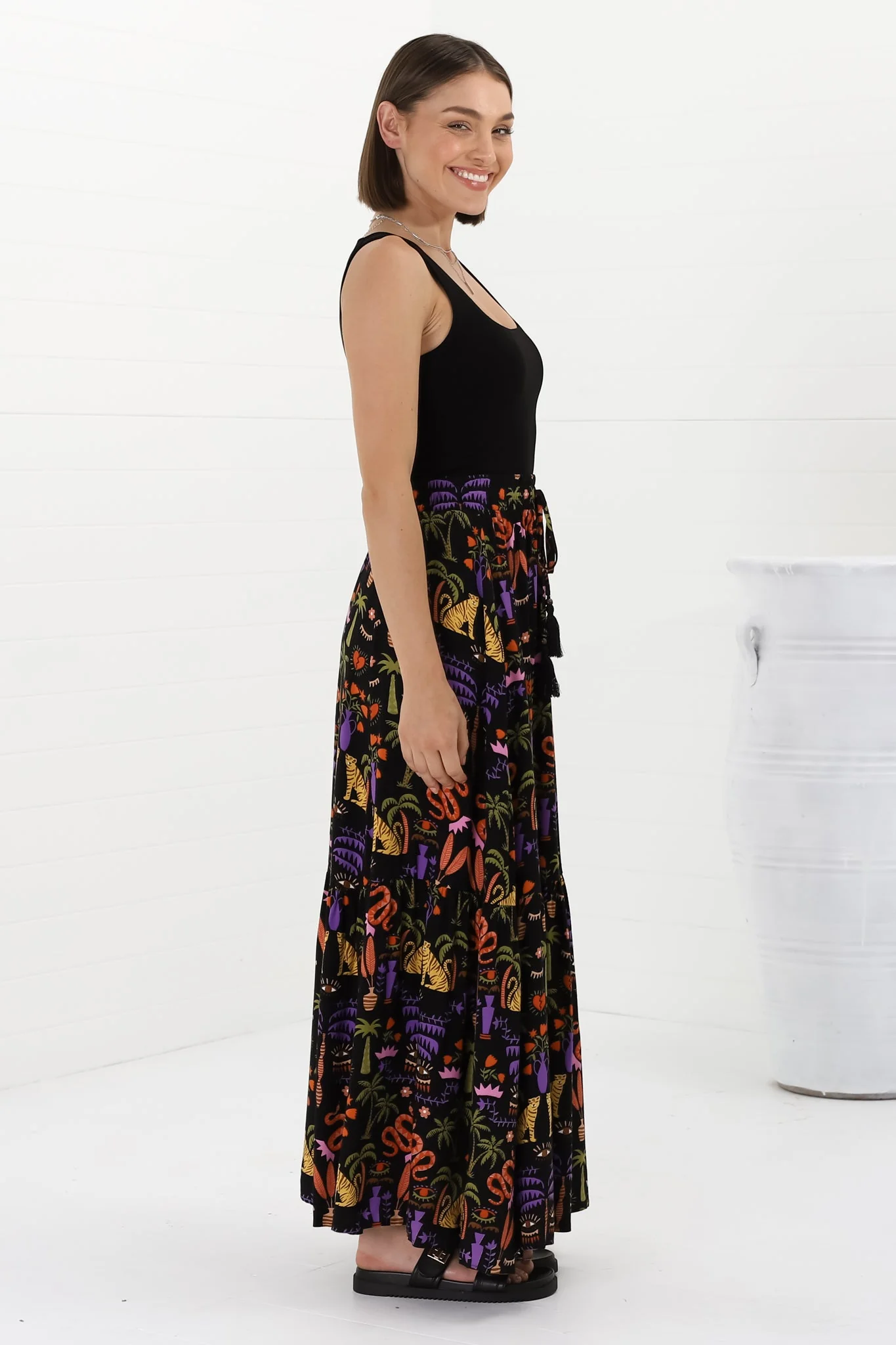 Hellen Maxi Skirt - High Waisted Skirt with Front Splits in Ayla Print Black - Image 7