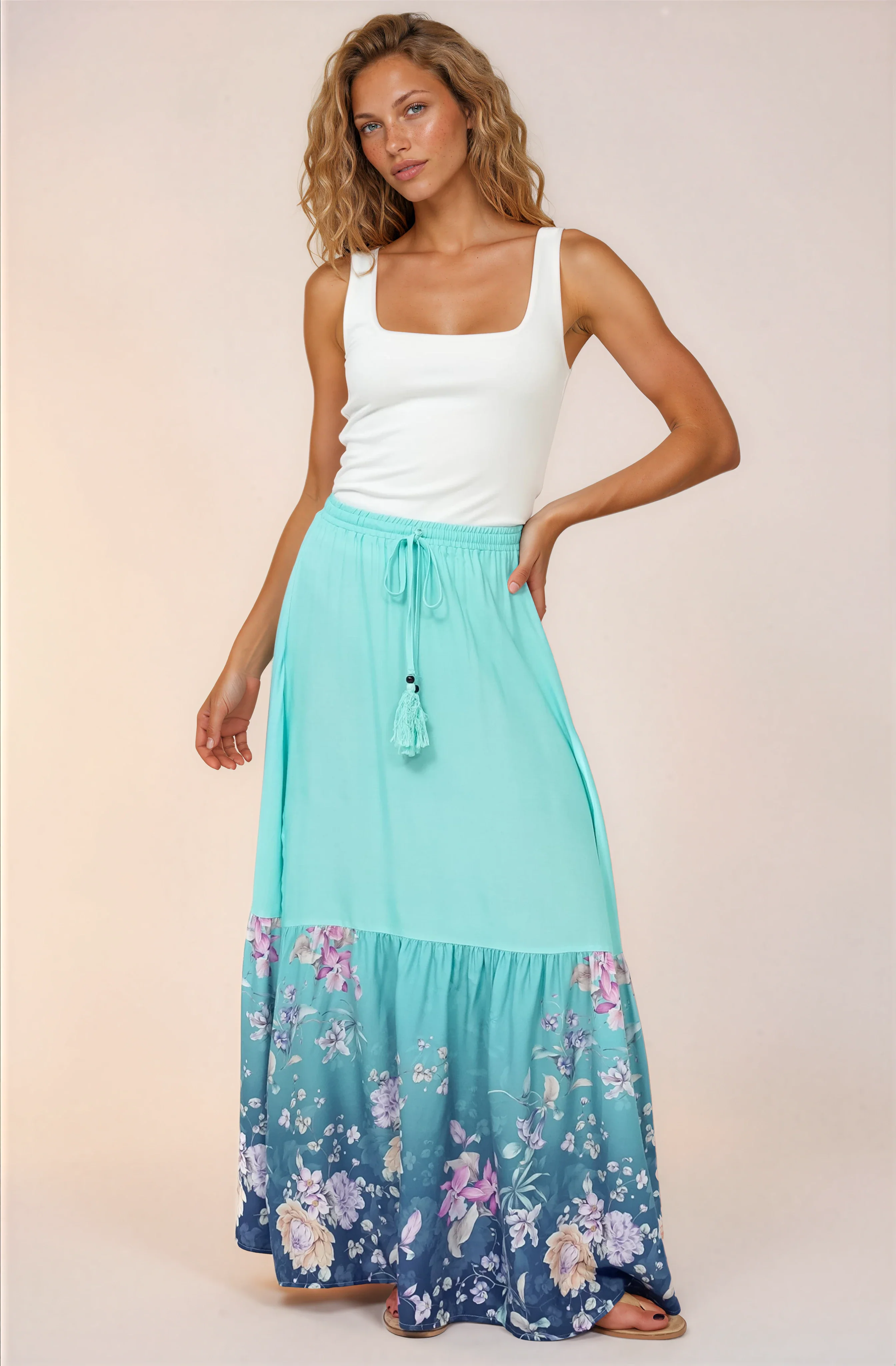 Hellen Maxi Skirt - High Waisted Skirt with Front Splits in Candyce Print Blue - Image 2