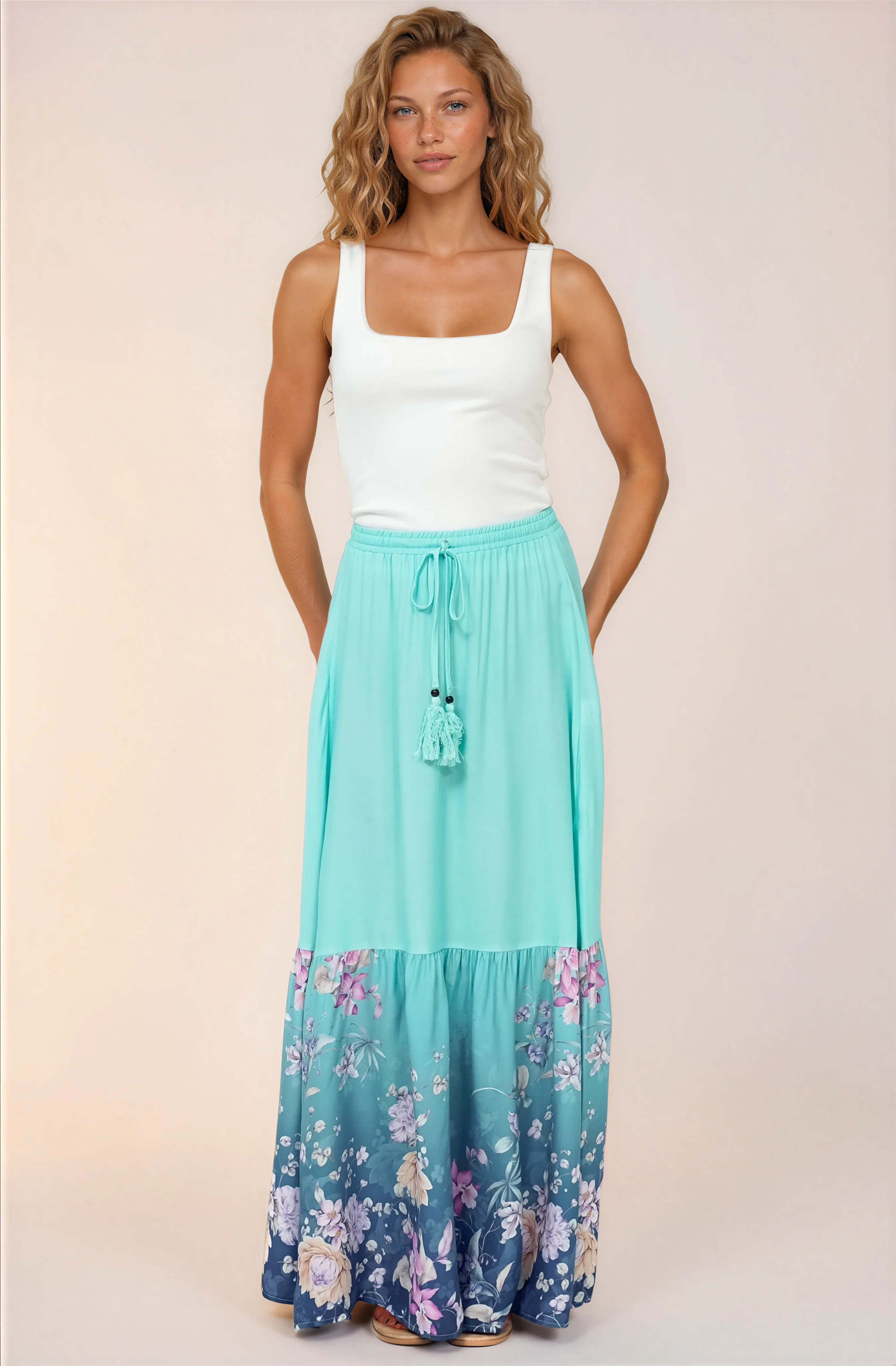 Hellen Maxi Skirt - High Waisted Skirt with Front Splits in Candyce Print Blue - Image 3
