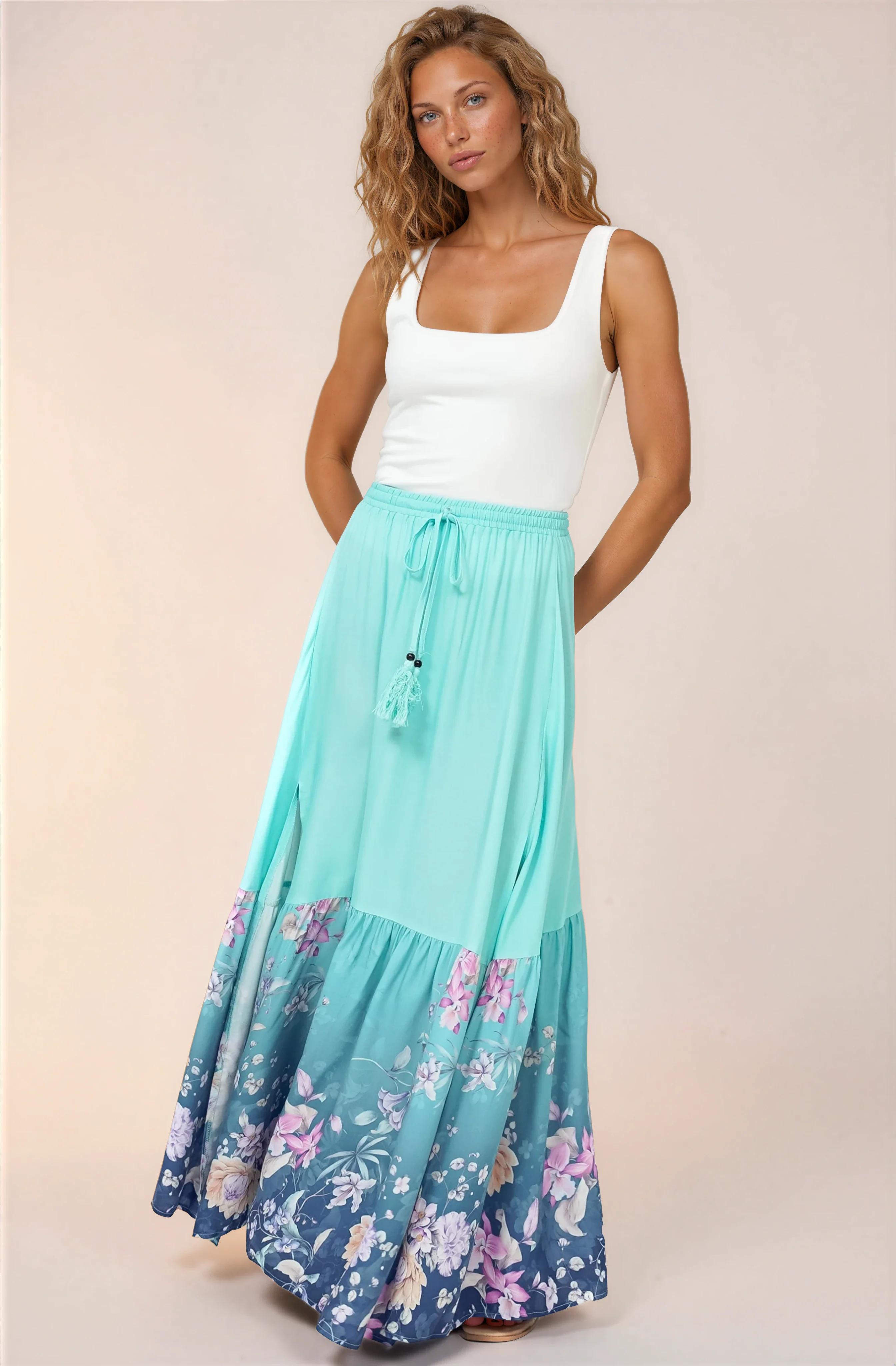 Hellen Maxi Skirt - High Waisted Skirt with Front Splits in Candyce Print Blue - Image 4