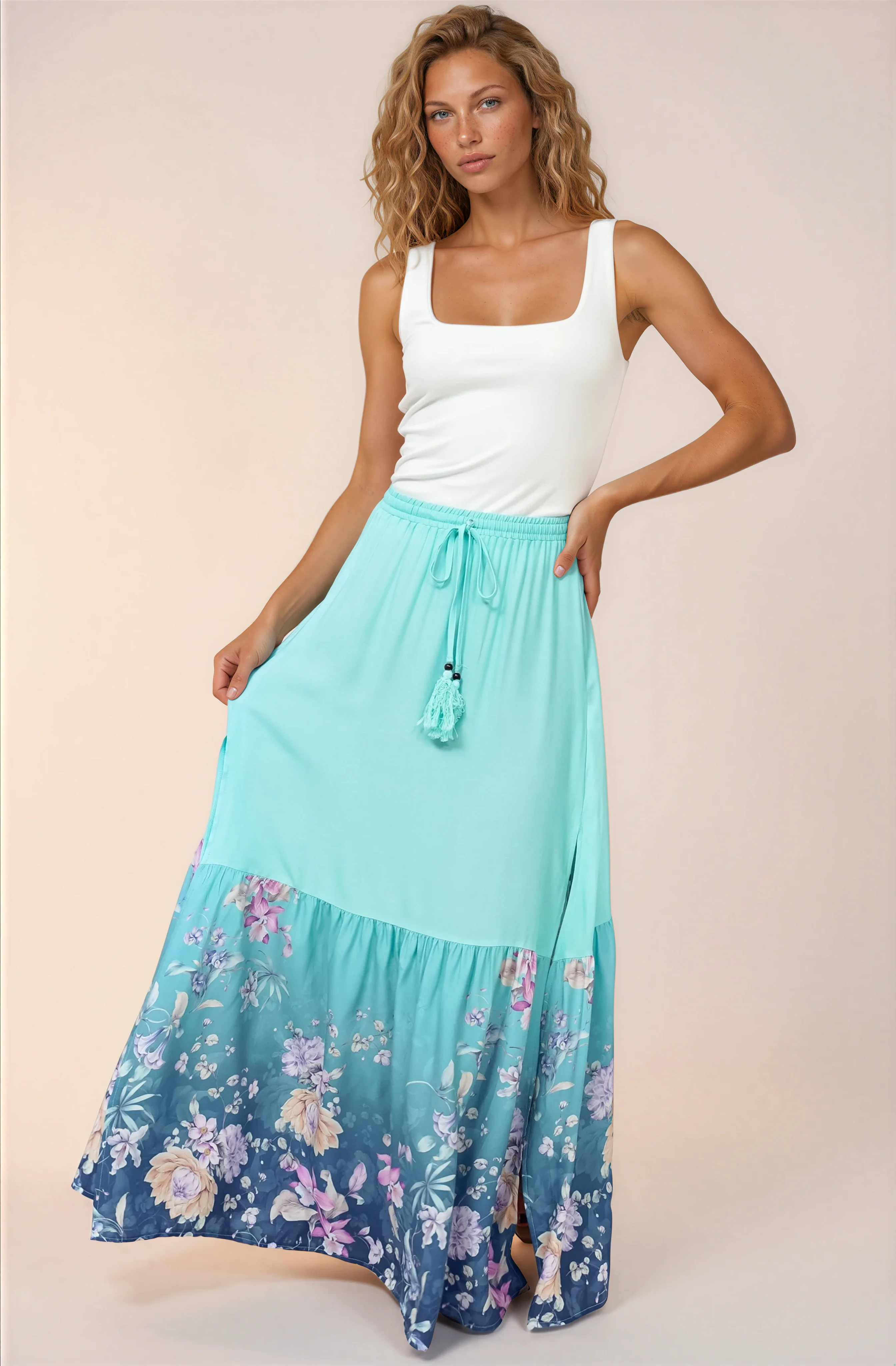 Hellen Maxi Skirt - High Waisted Skirt with Front Splits in Candyce Print Blue - Image 6