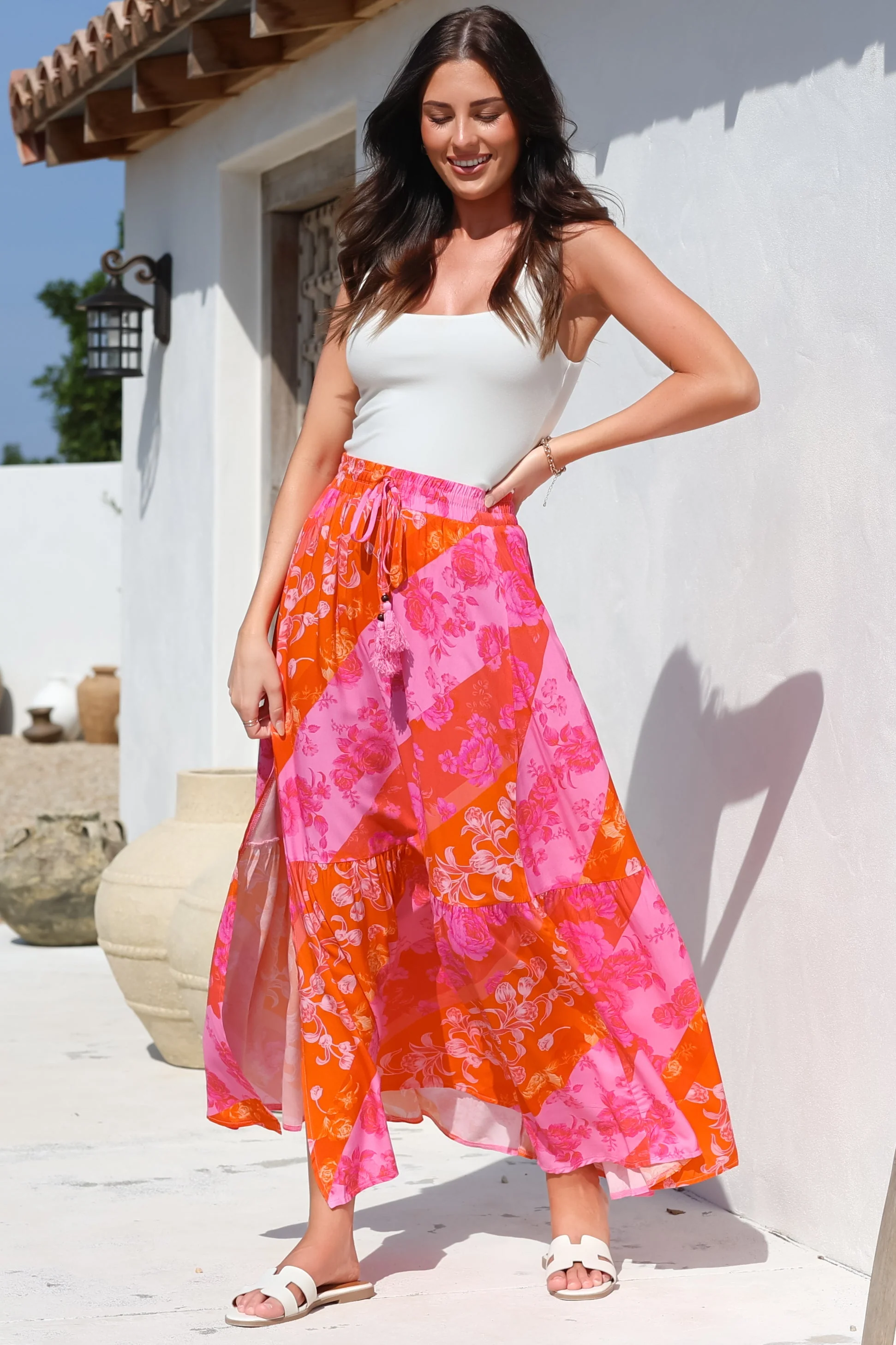 Hellen Maxi Skirt - High Waisted Skirt with Front Splits in Clavelle Print Pink - Image 3