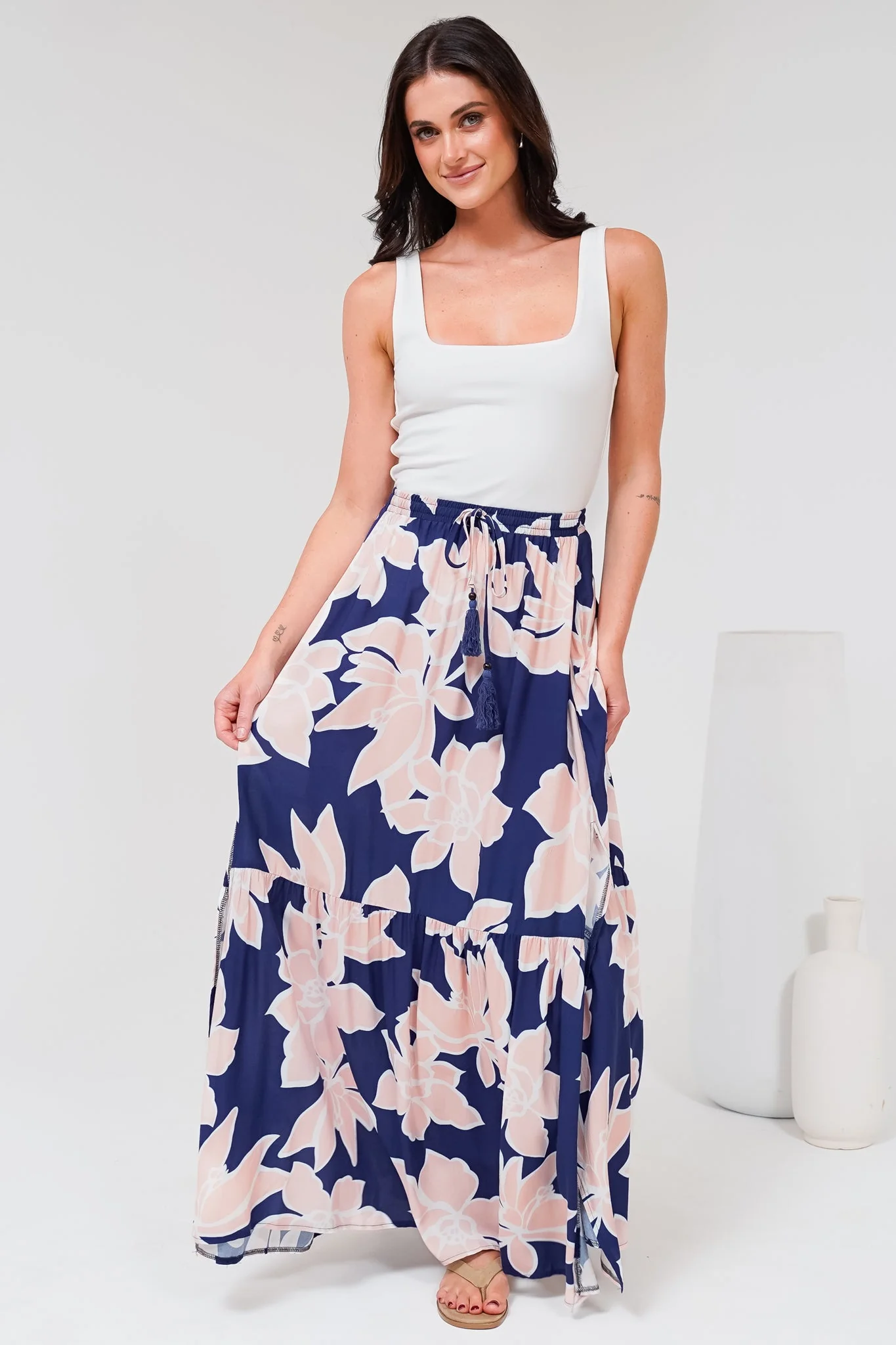 Hellen Maxi Skirt - High Waisted Skirt with Front Splits in Jetson Print Navy - Image 5