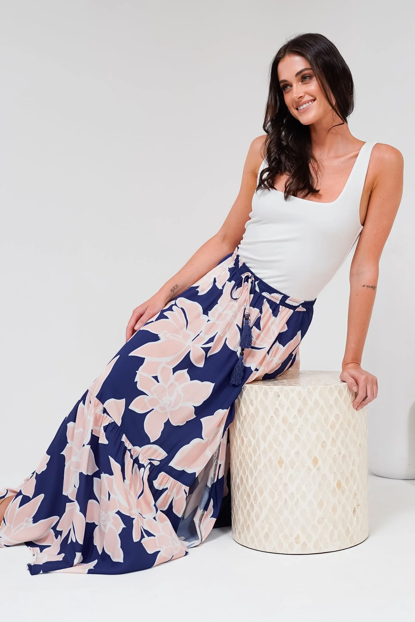 Hellen Maxi Skirt - High Waisted Skirt with Front Splits in Jetson Print Navy - Image 6