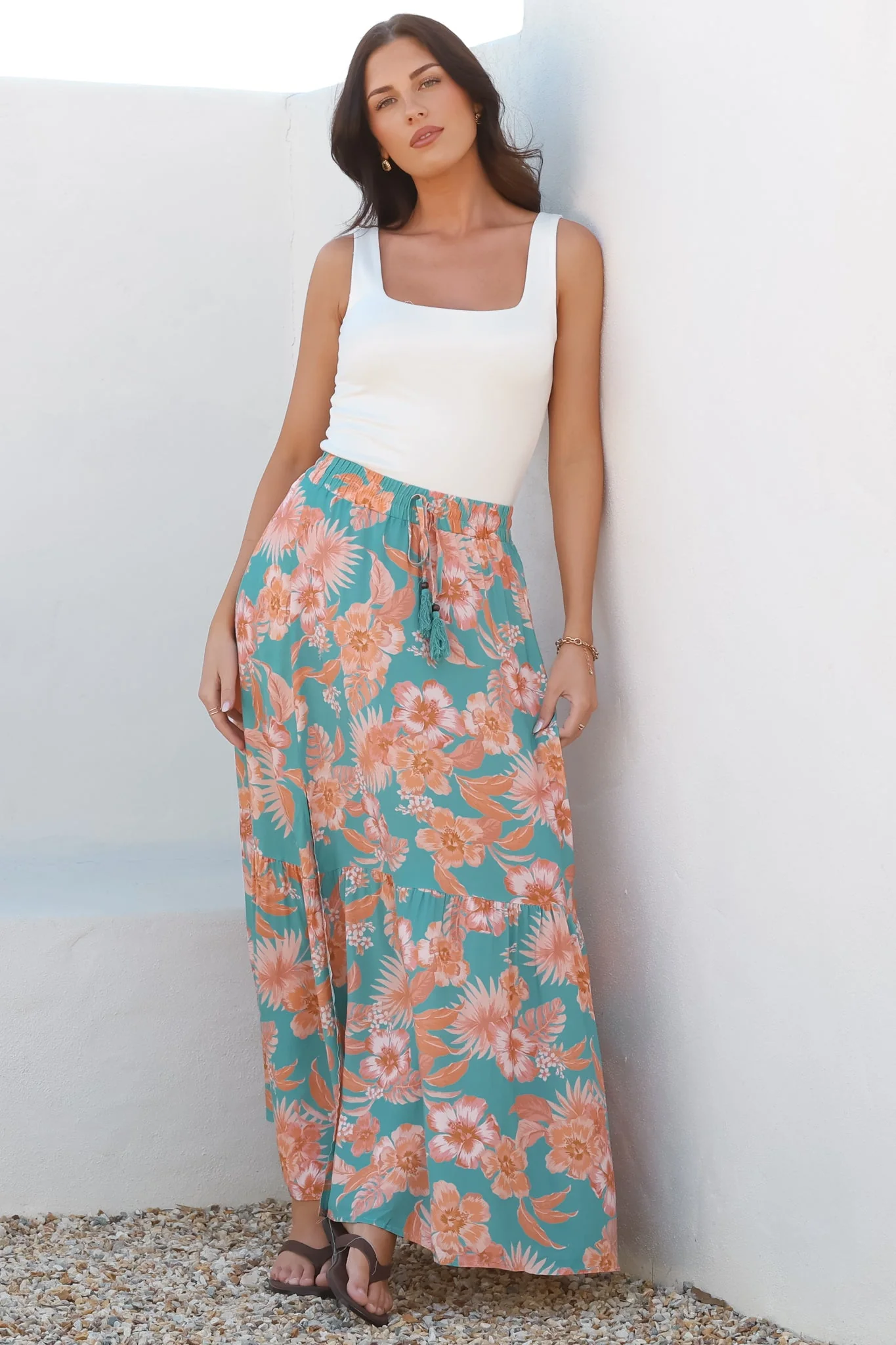 Hellen Maxi Skirt - High Waisted Skirt with Front Splits in Kawani Print Green - Image 2