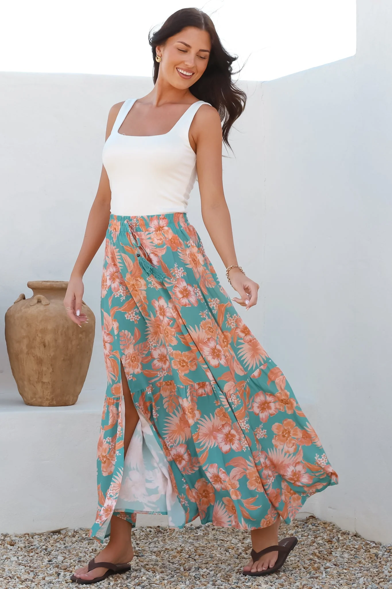 Hellen Maxi Skirt - High Waisted Skirt with Front Splits in Kawani Print Green - Image 4