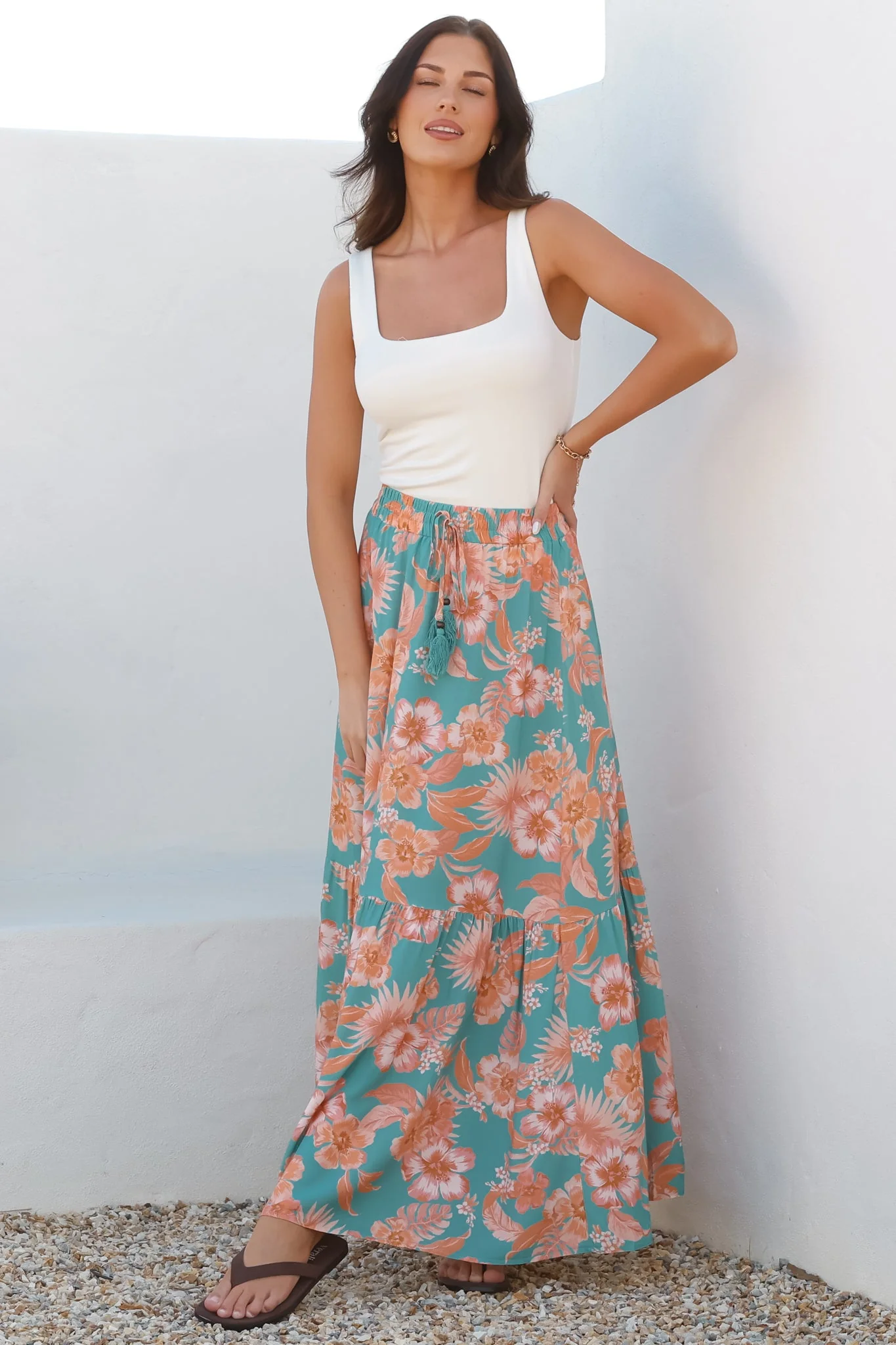 Hellen Maxi Skirt - High Waisted Skirt with Front Splits in Kawani Print Green - Image 5