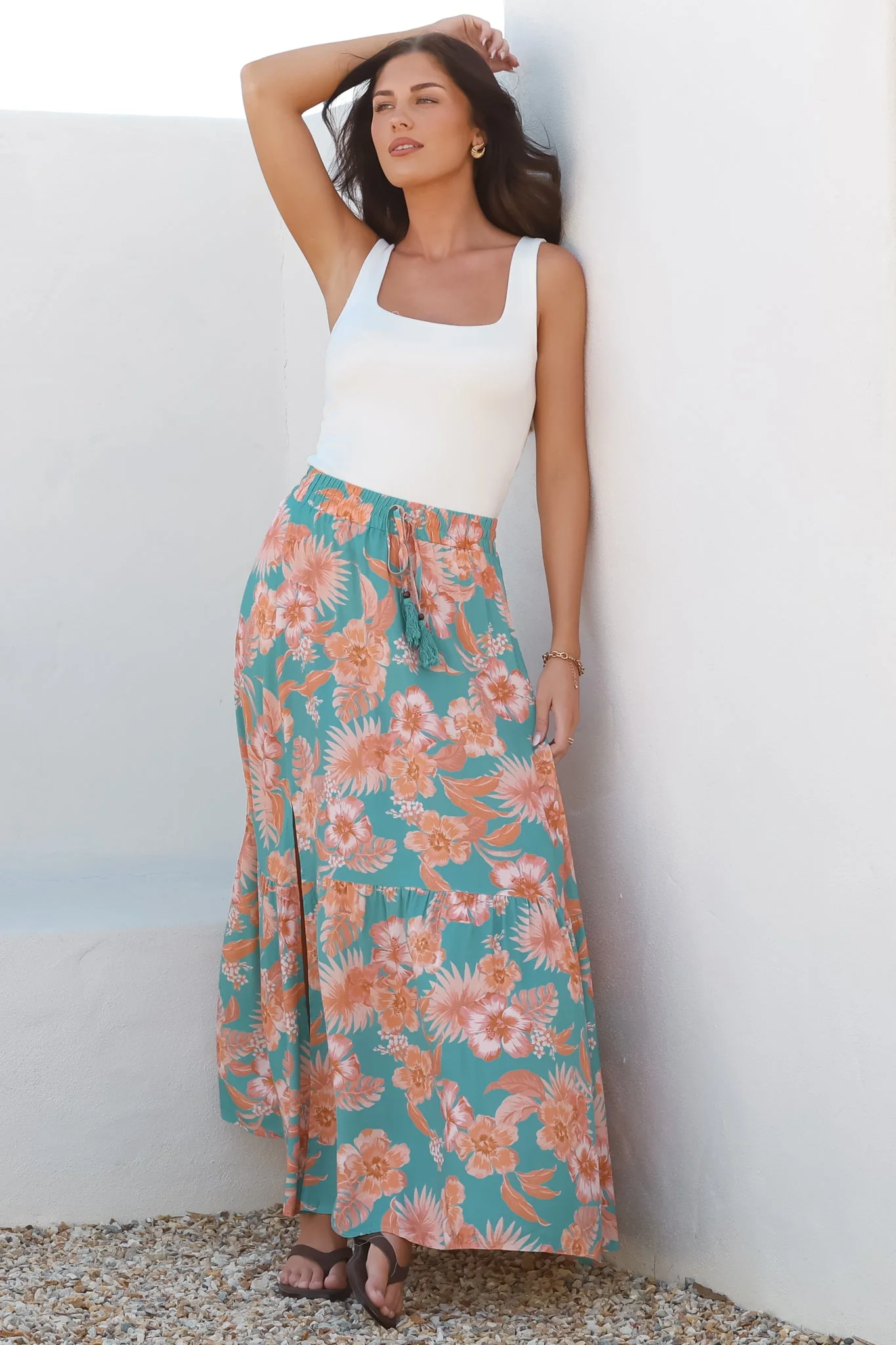 Hellen Maxi Skirt - High Waisted Skirt with Front Splits in Kawani Print Green - Image 7