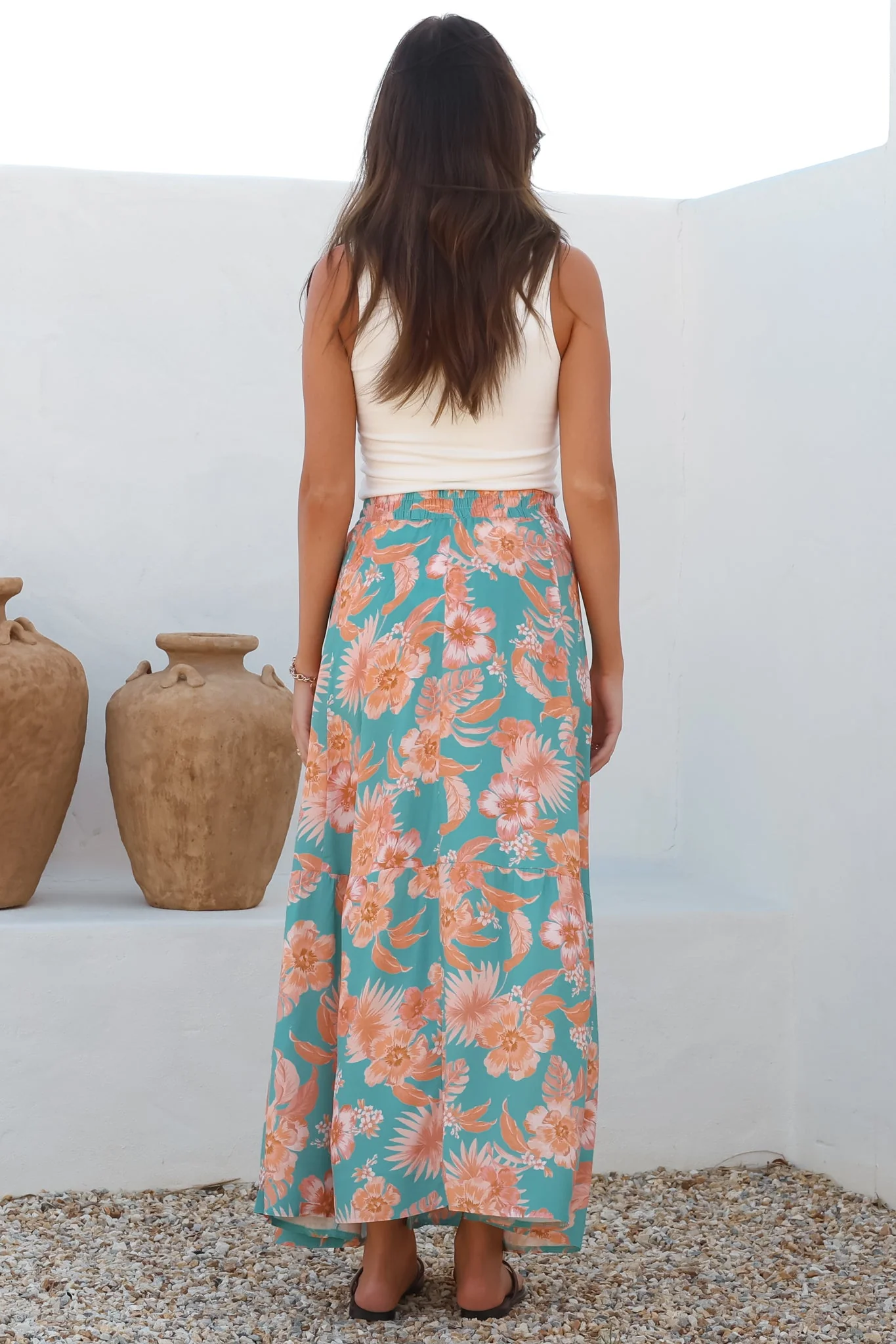 Hellen Maxi Skirt - High Waisted Skirt with Front Splits in Kawani Print Green - Image 9