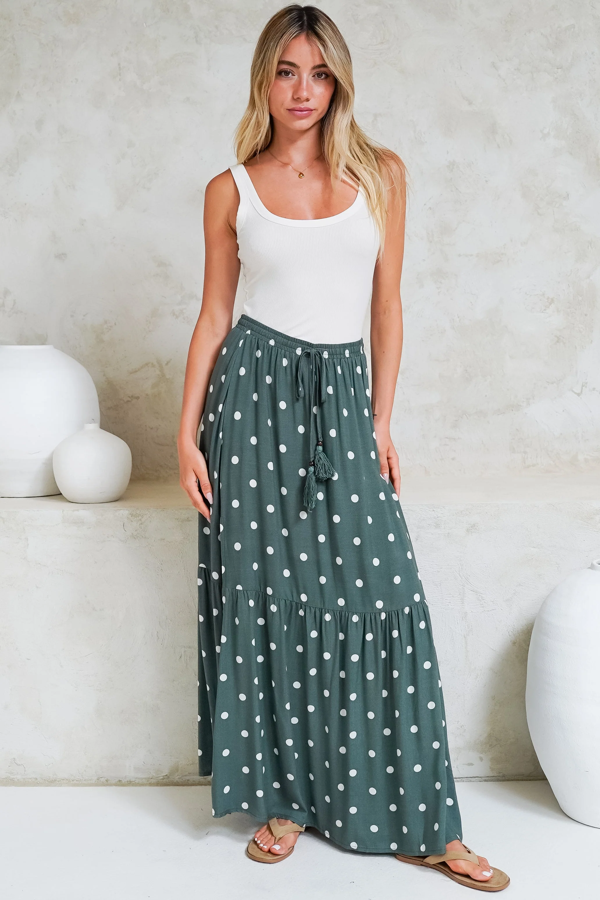 Hellen Maxi Skirt - High Waisted Skirt with Front Splits in Parisian Polka Print Khaki - Image 2