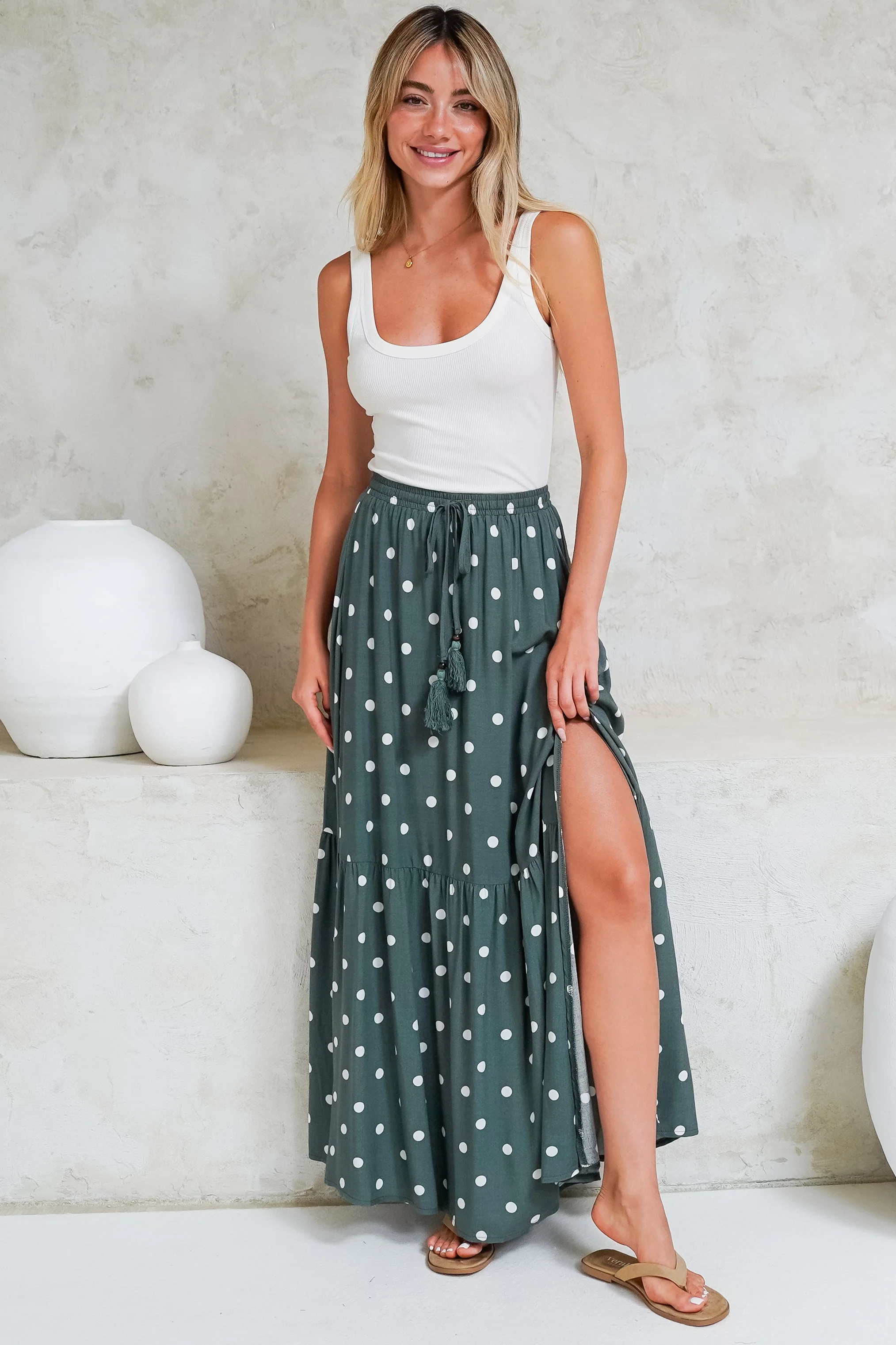 Hellen Maxi Skirt - High Waisted Skirt with Front Splits in Parisian Polka Print Khaki - Image 4