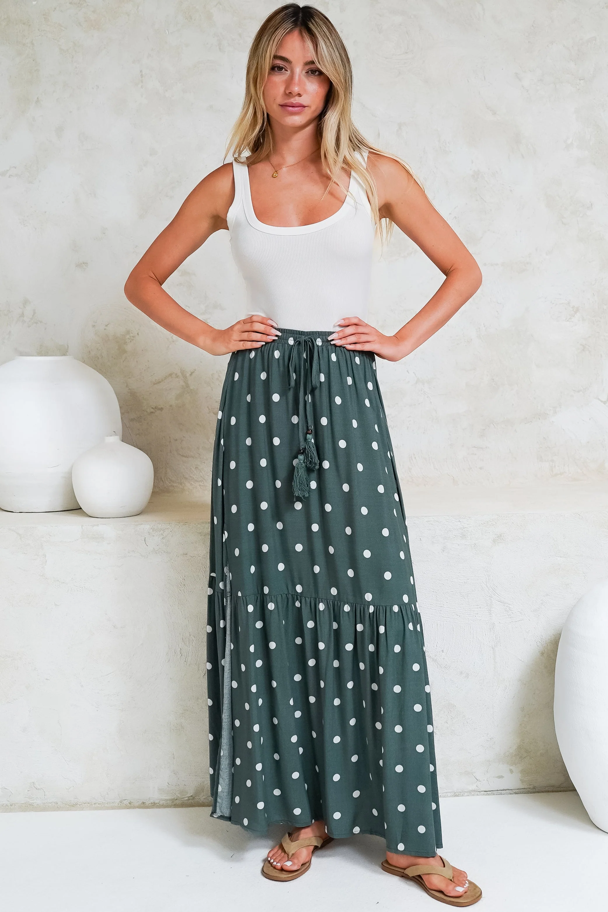Hellen Maxi Skirt - High Waisted Skirt with Front Splits in Parisian Polka Print Khaki - Image 5