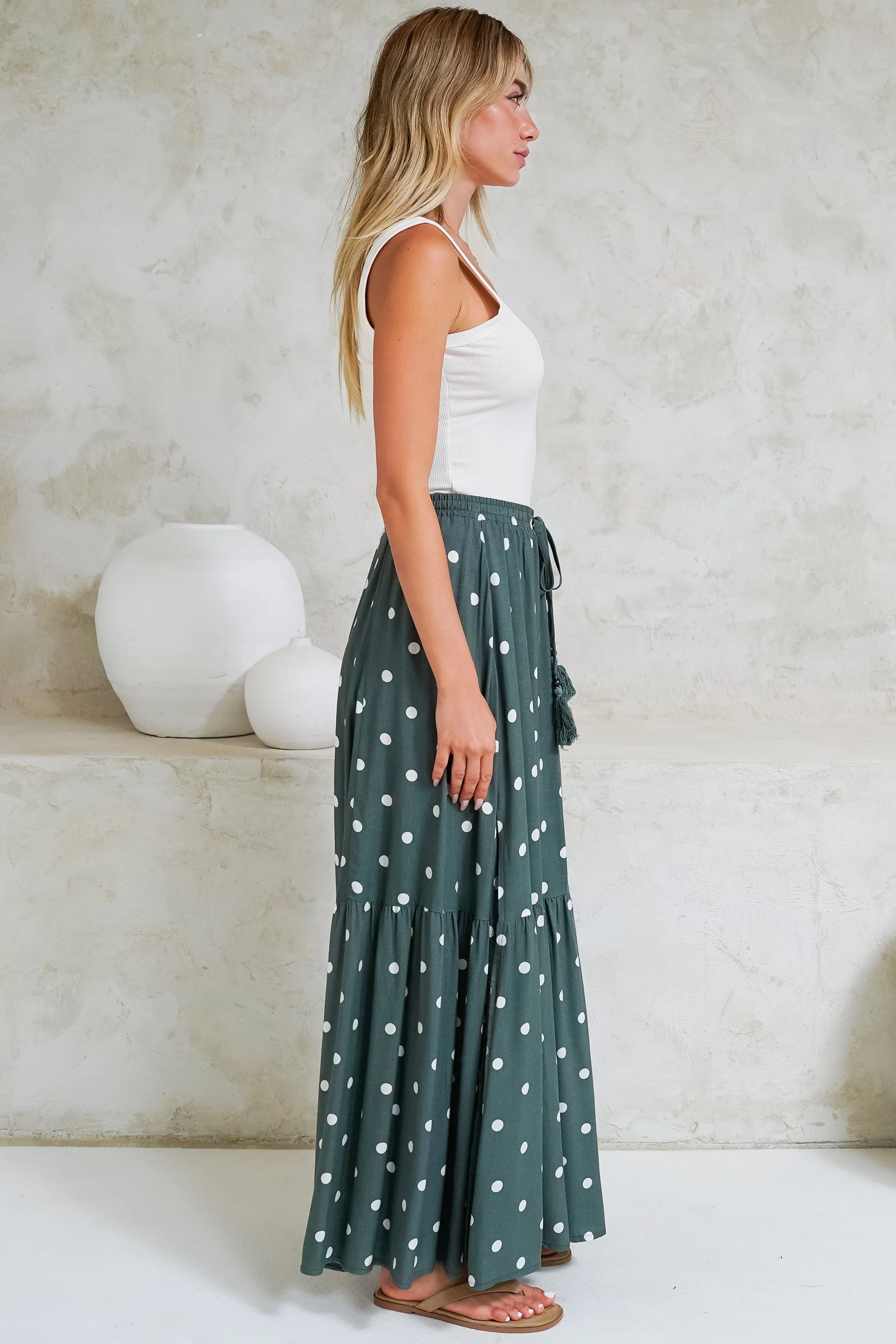 Hellen Maxi Skirt - High Waisted Skirt with Front Splits in Parisian Polka Print Khaki - Image 6
