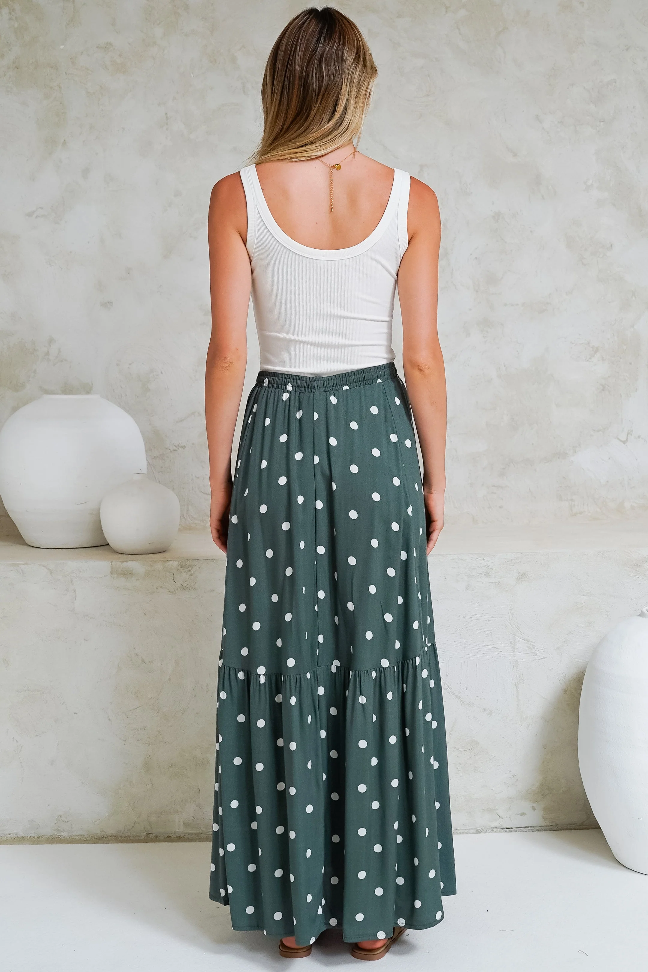 Hellen Maxi Skirt - High Waisted Skirt with Front Splits in Parisian Polka Print Khaki - Image 7