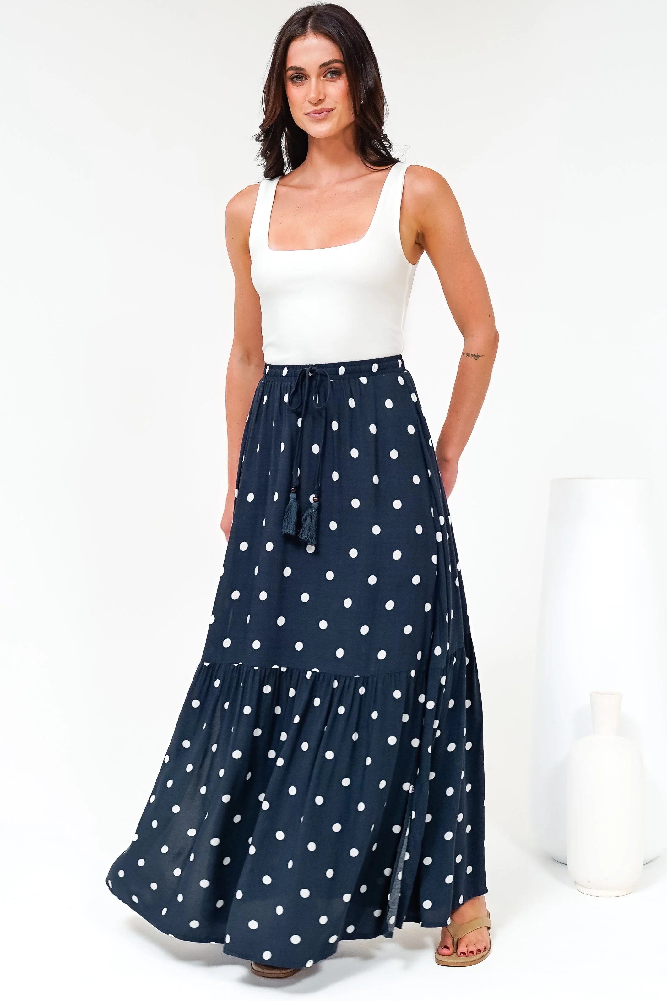 Hellen Maxi Skirt - High Waisted Skirt with Front Splits in Parisian Polka Print Navy - Image 2