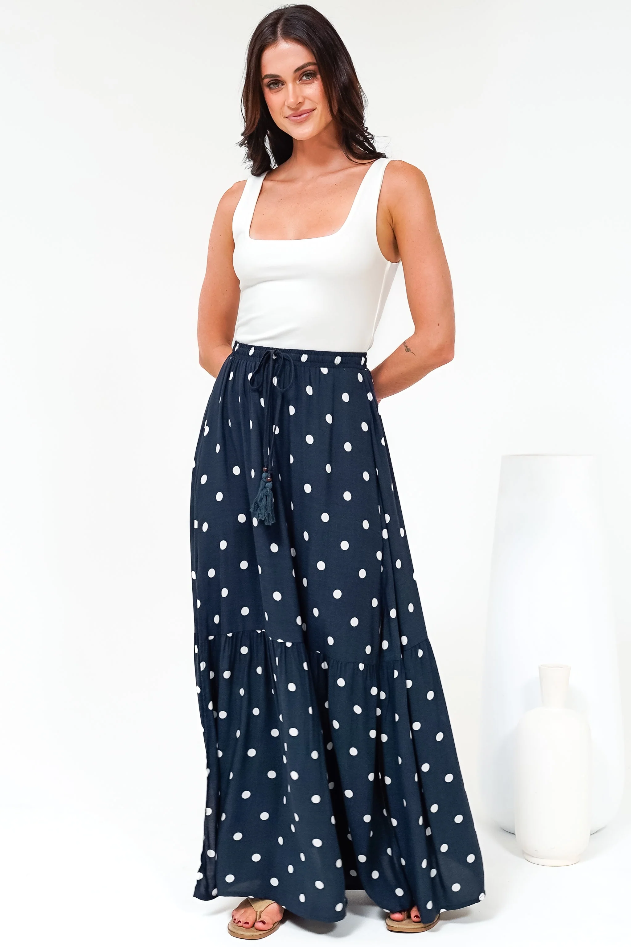 Hellen Maxi Skirt - High Waisted Skirt with Front Splits in Parisian Polka Print Navy - Image 3