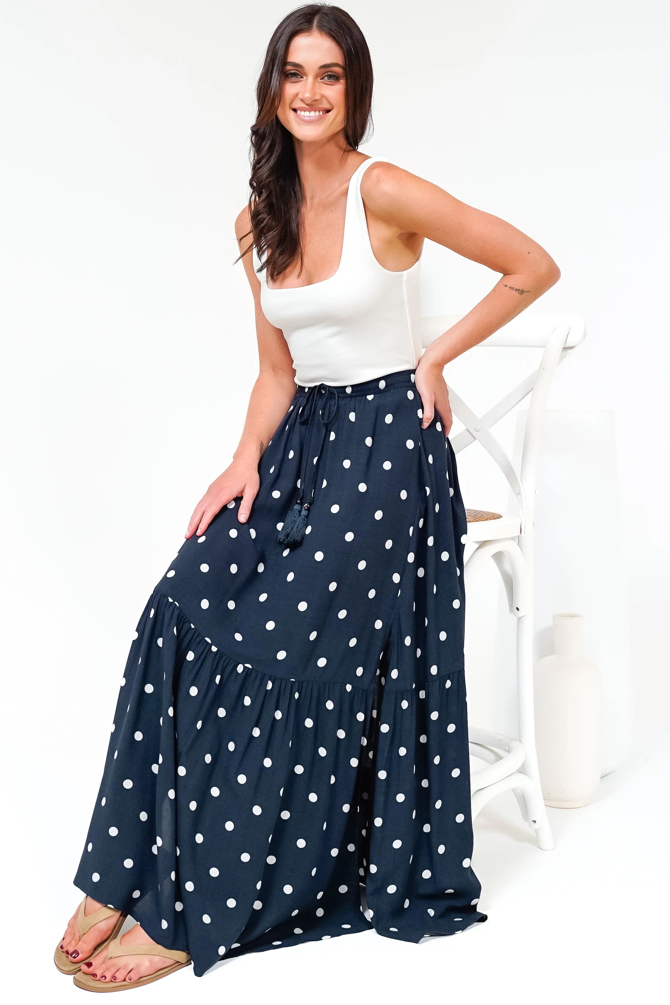 Hellen Maxi Skirt - High Waisted Skirt with Front Splits in Parisian Polka Print Navy - Image 4