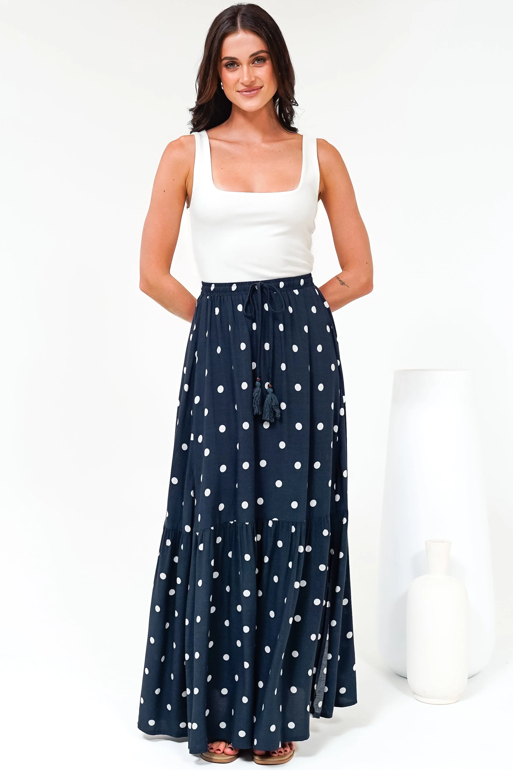 Hellen Maxi Skirt - High Waisted Skirt with Front Splits in Parisian Polka Print Navy - Image 5