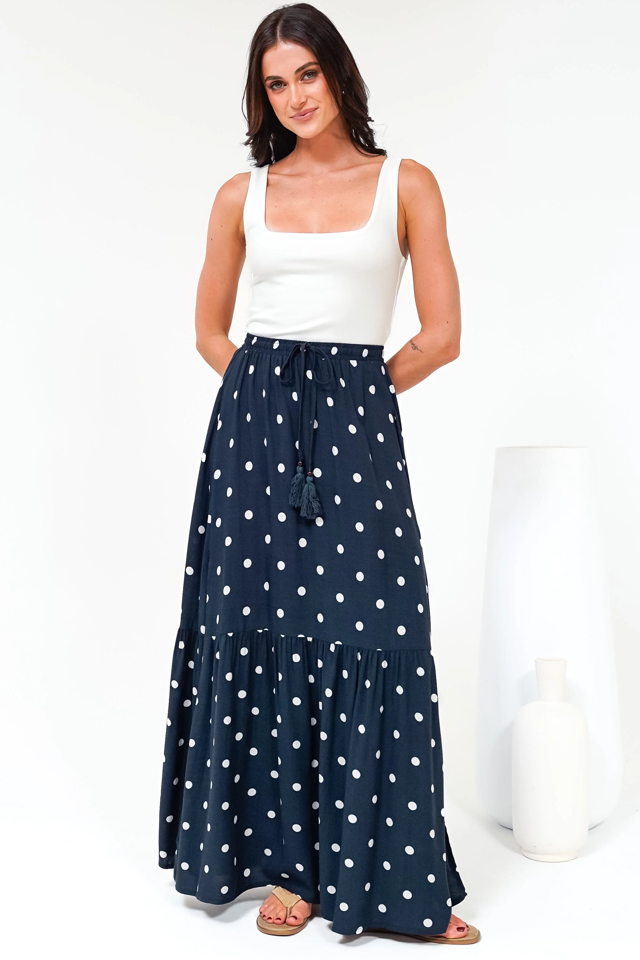 Hellen Maxi Skirt - High Waisted Skirt with Front Splits in Parisian Polka Print Navy - Image 6