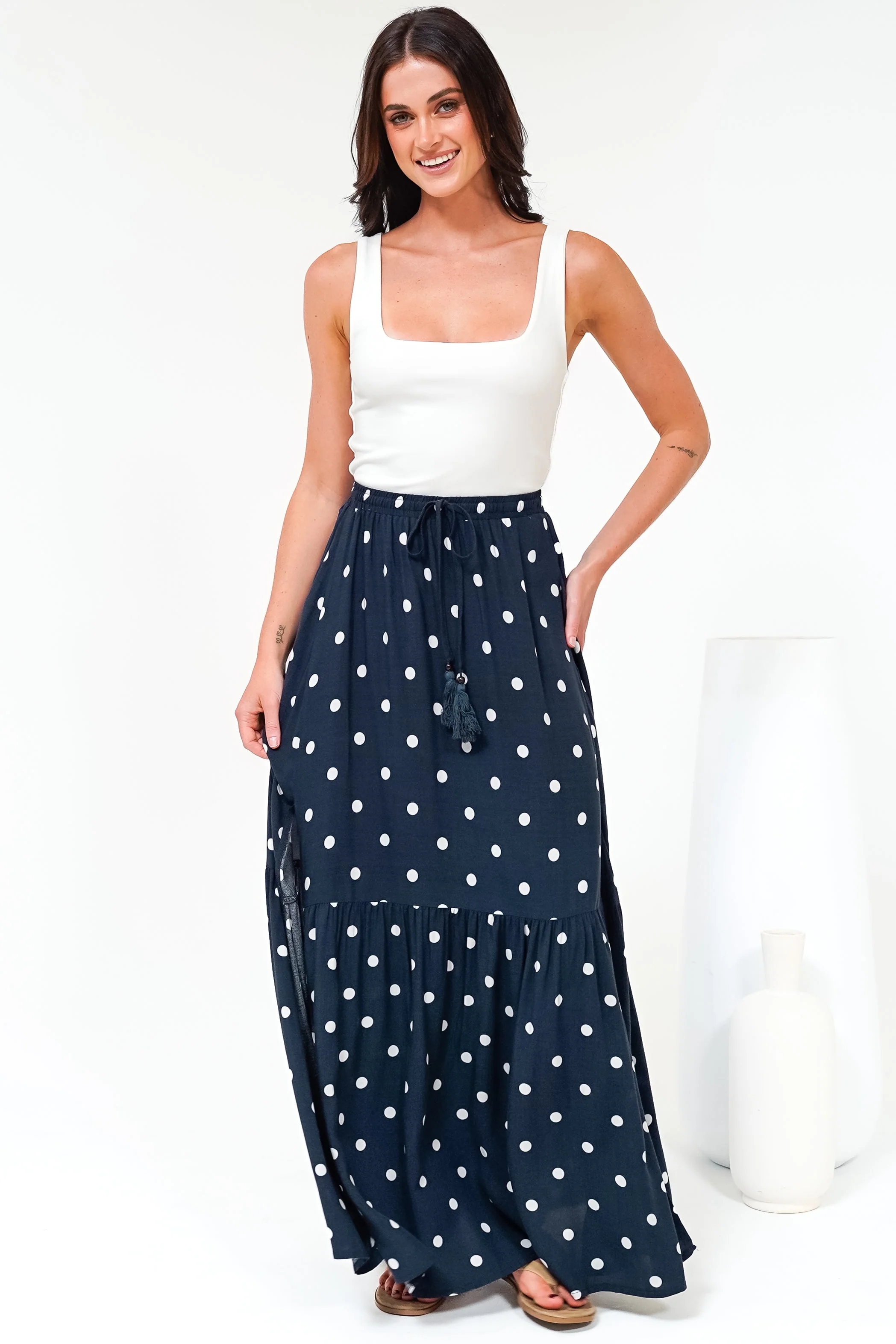 Hellen Maxi Skirt - High Waisted Skirt with Front Splits in Parisian Polka Print Navy - Image 7